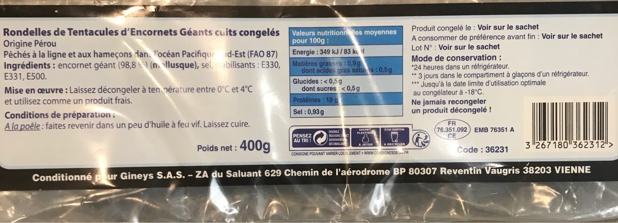Gineys Rondelles de tentacules d'encornets geants cuits congeles packshot