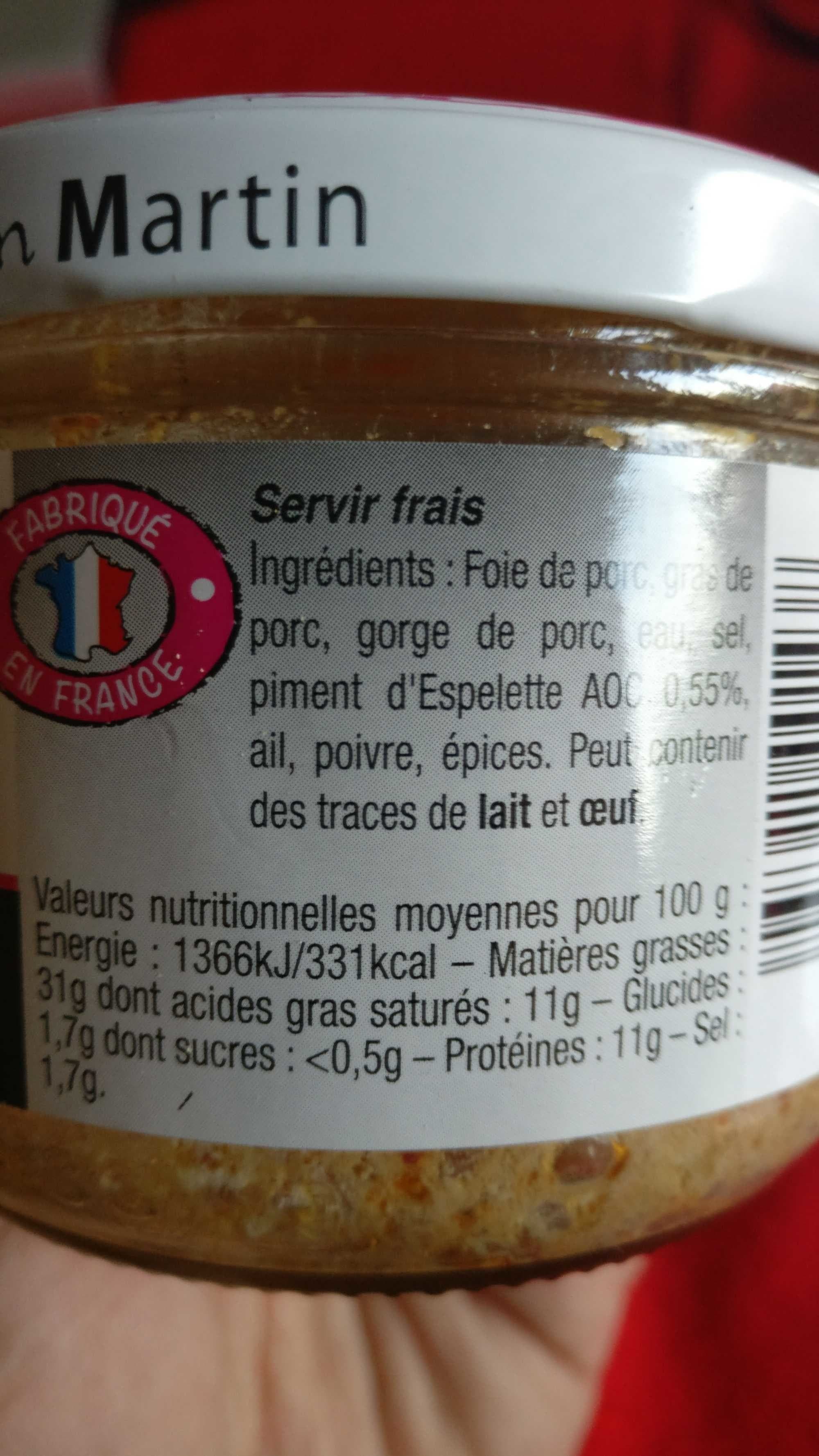 Alain martin Alain Martin, Terrine piquante au piment d'Espelette, le pot de 180 gr packshot