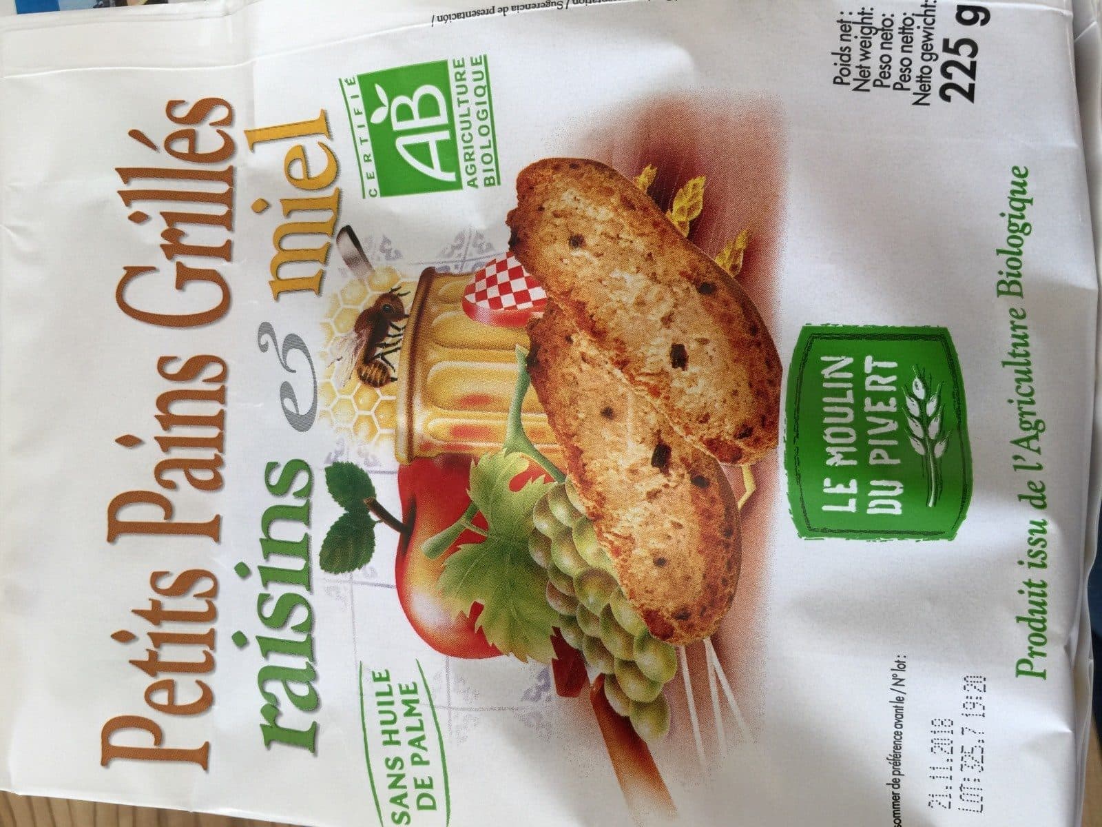 Le moulin du pivert Petits Pains Grillés Miel & Raisins Bio packshot