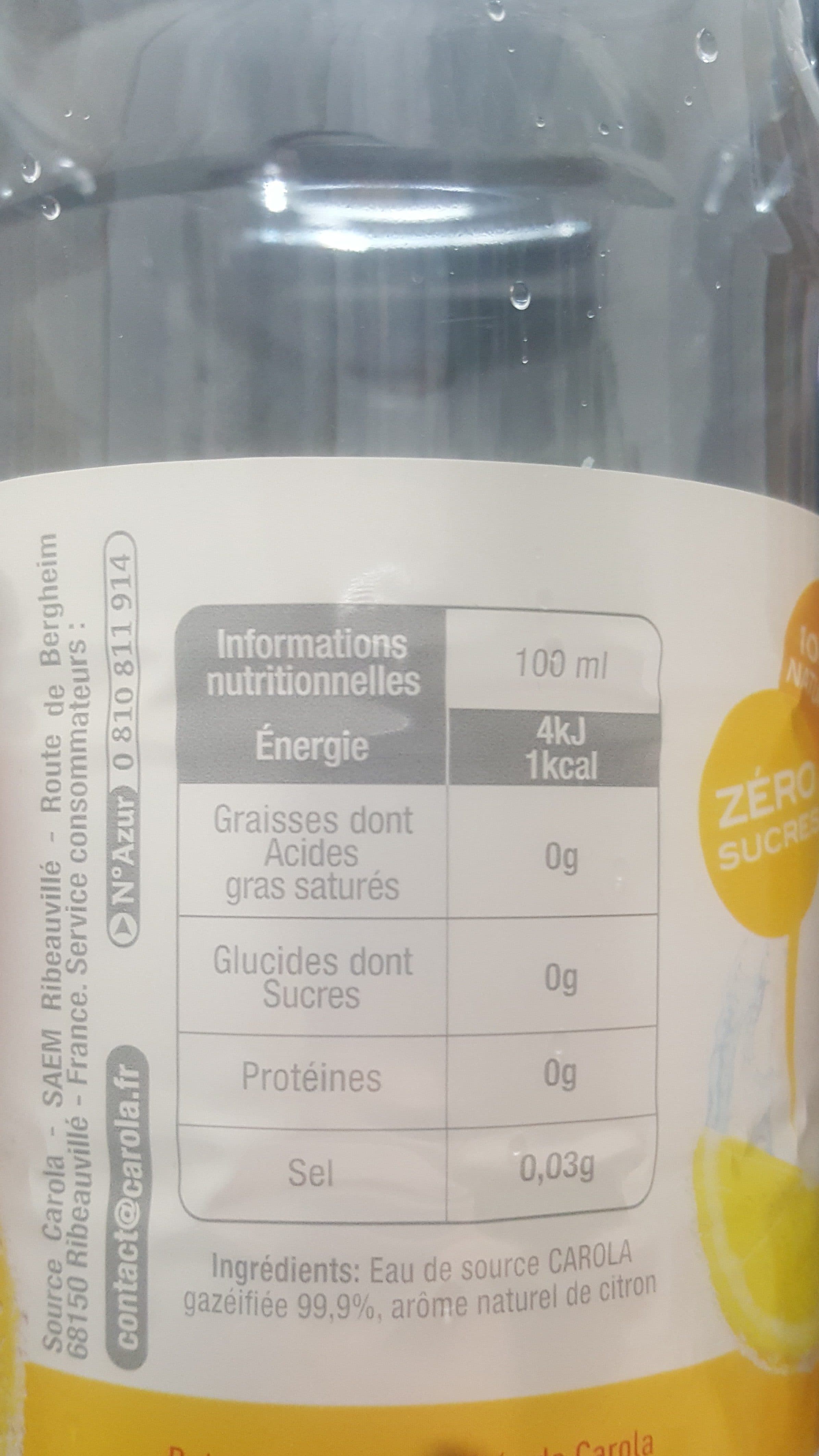 Carola Eau de source gazéifiée aromatisée au citron packshot