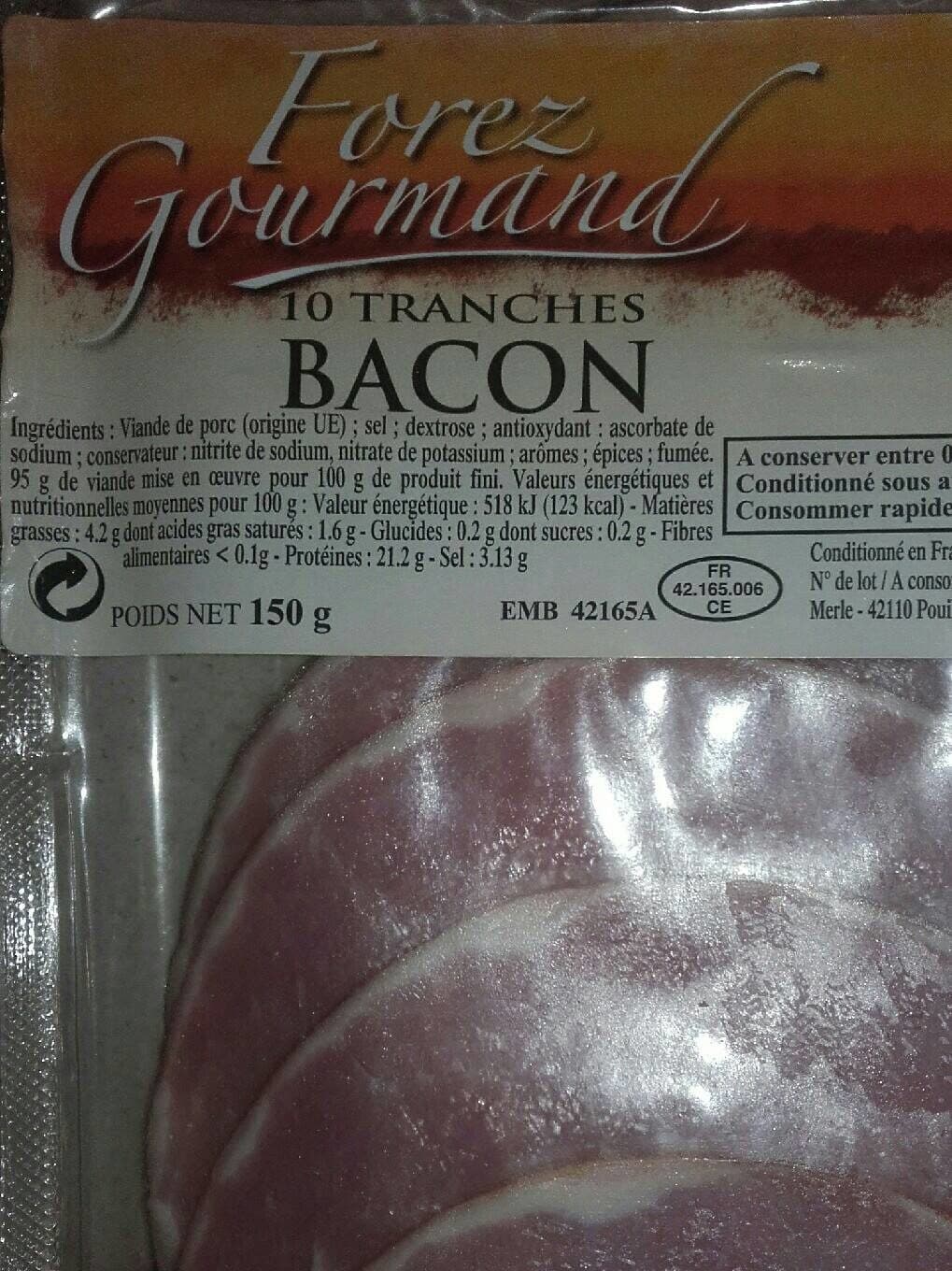 Forez Gourmand Bacon 10 Tranches 150g packshot