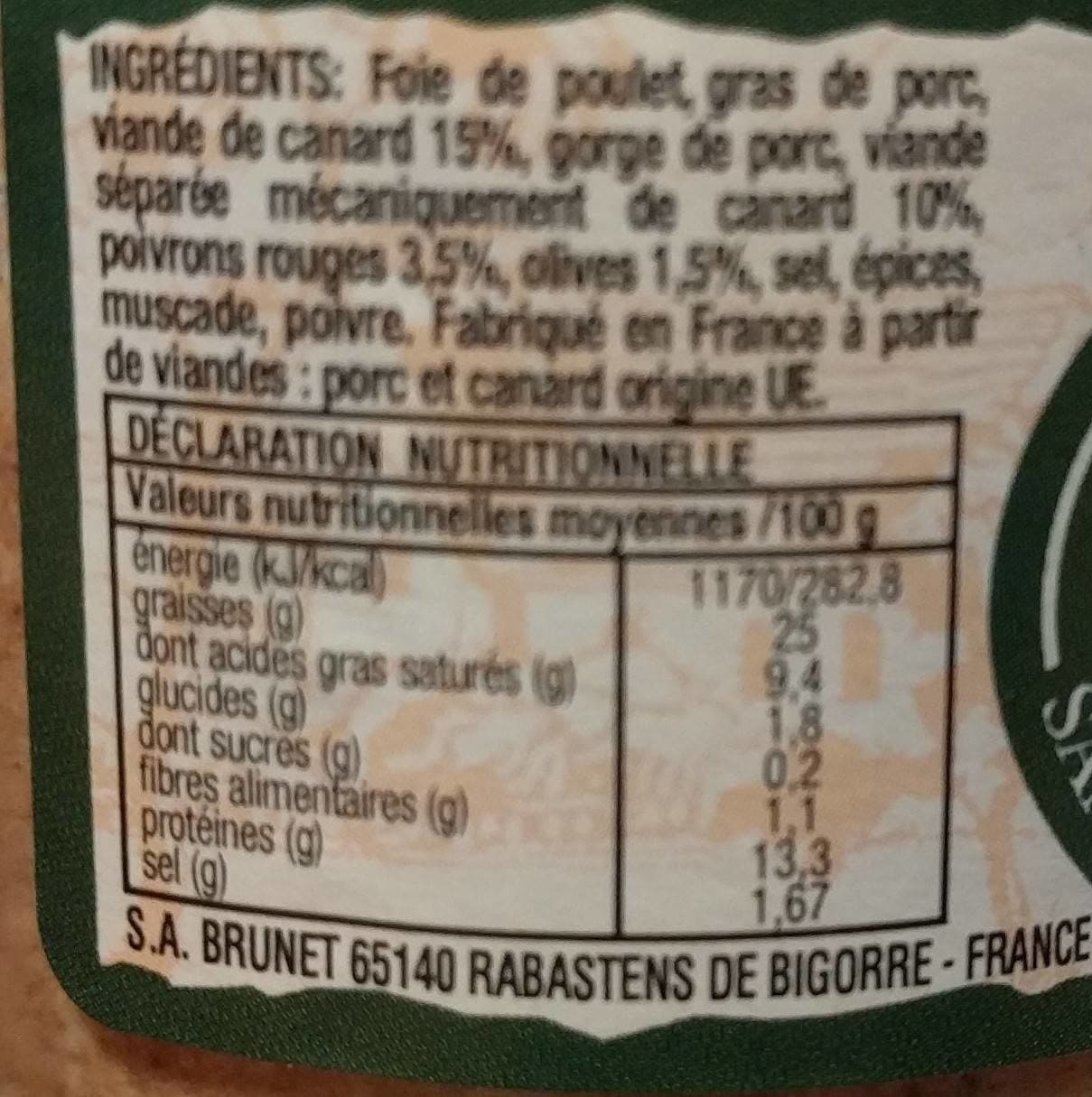 Jean Brunet Pâté de canard aux poivrons rouges et olives packshot