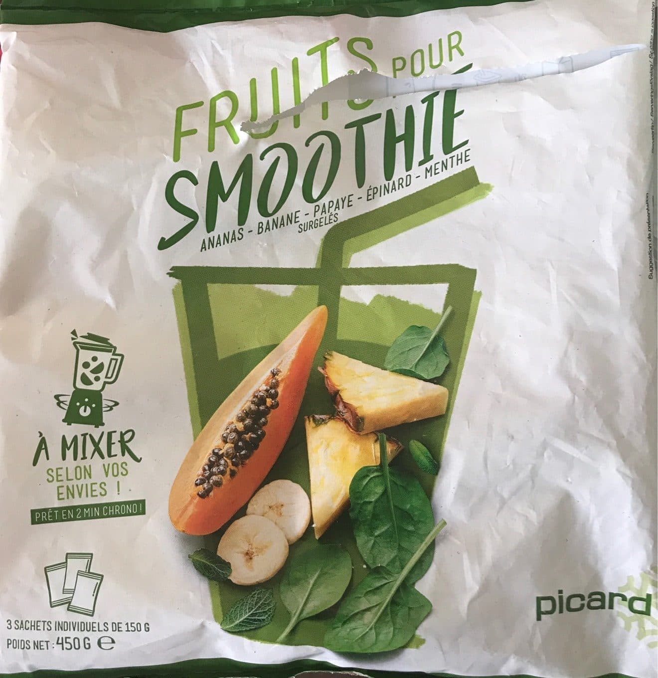 Picard Fruits pour smoothie : Ananas, Banane, Papaye, Épinard, Menthe packshot