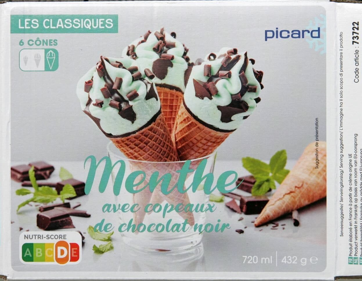 Picard Crème glacée menthe avec copeaux de chocolat noir 6 Cônes packshot