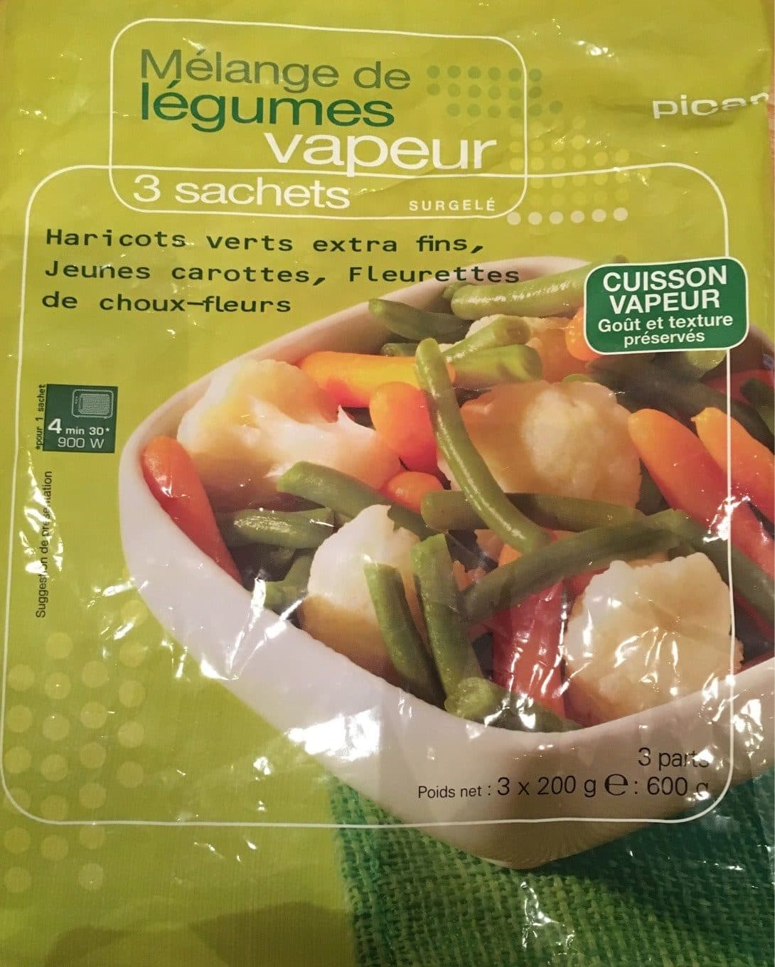 Picard Mélange de Légumes Vapeur : Haricots Verts Extra-Fins, Jeunes Carottes, Fleurettes de Chou-Fleur packshot