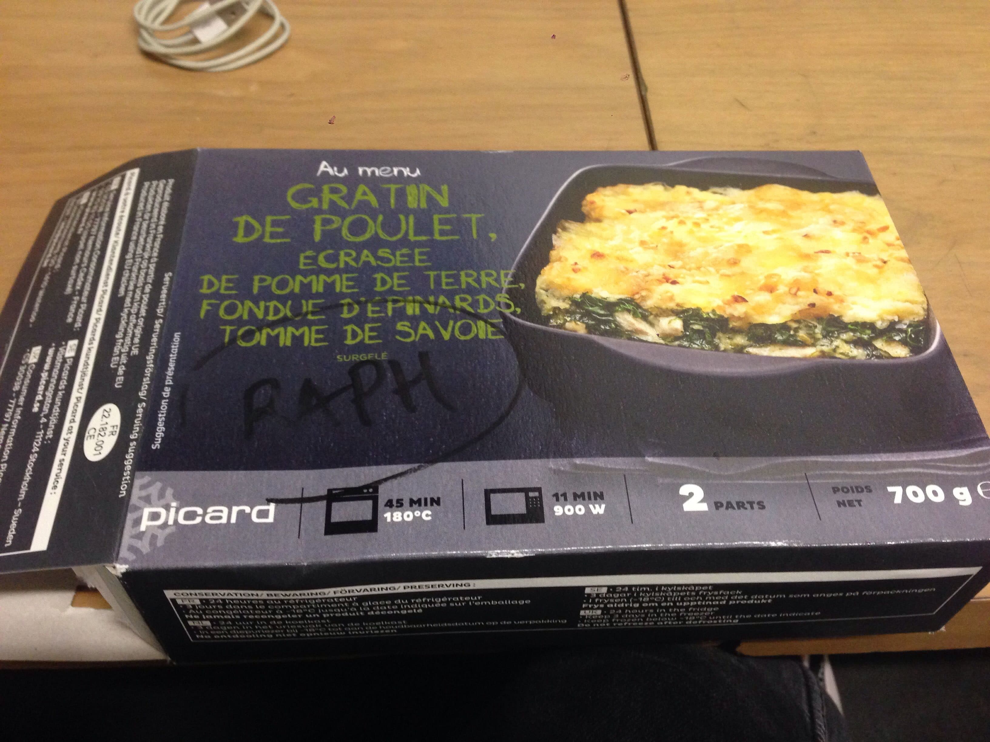 Picard Gratin de Poulet, Écrasée de Pomme de Terre, Fondue d'Épinards, Tomme de Savoie packshot