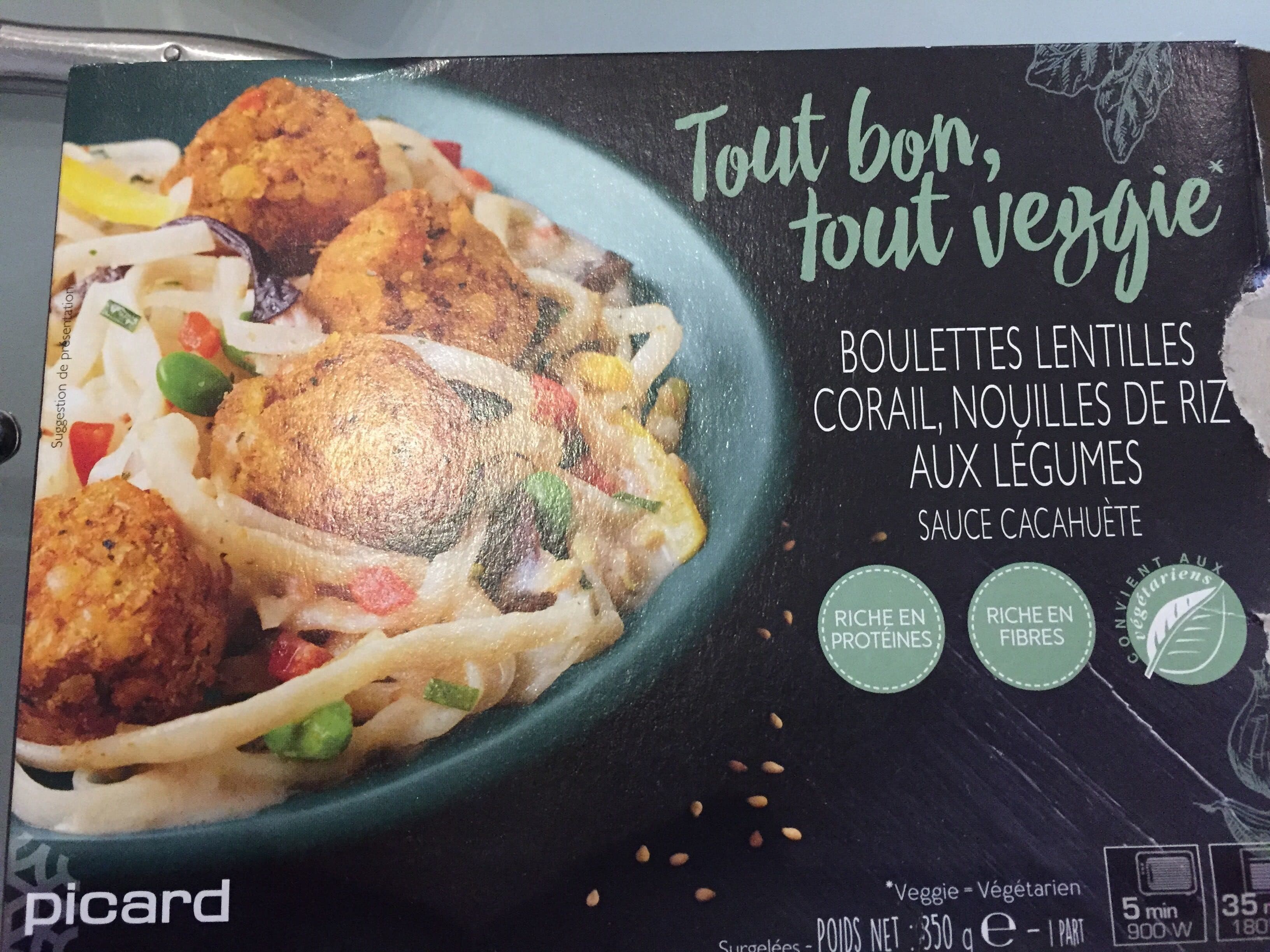 Picard Boulettes Lentilles Corail, Nouilles de Riz aux Légumes Sauce Cacahuète packshot