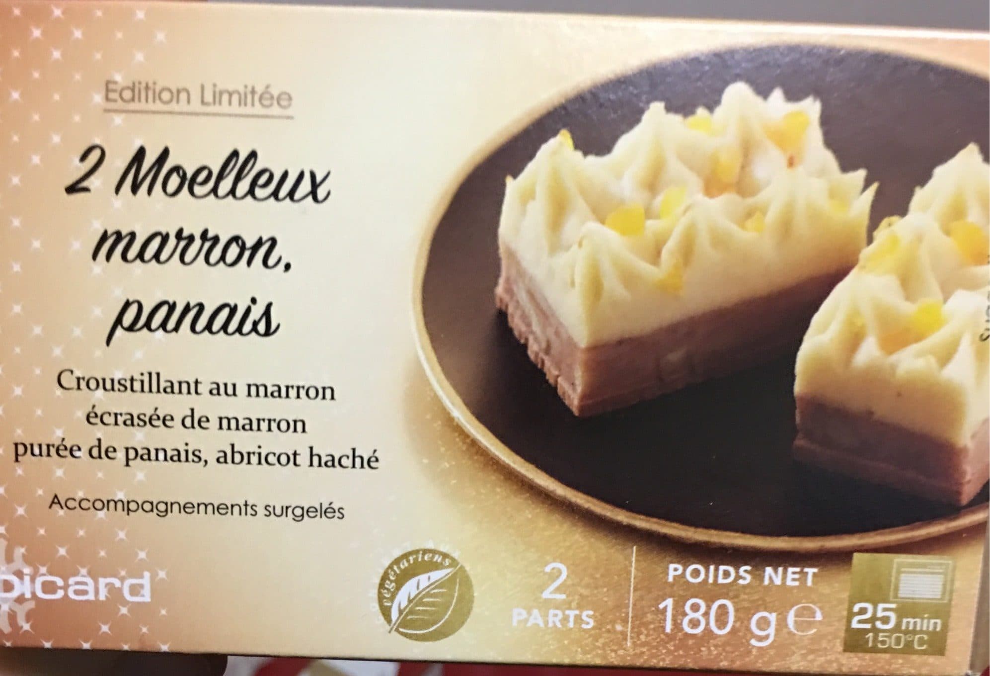 Picard 2 Moelleux Marron, Panais. Croustillant au marron, écrasée de marron, purée de panais, abricot haché. packshot