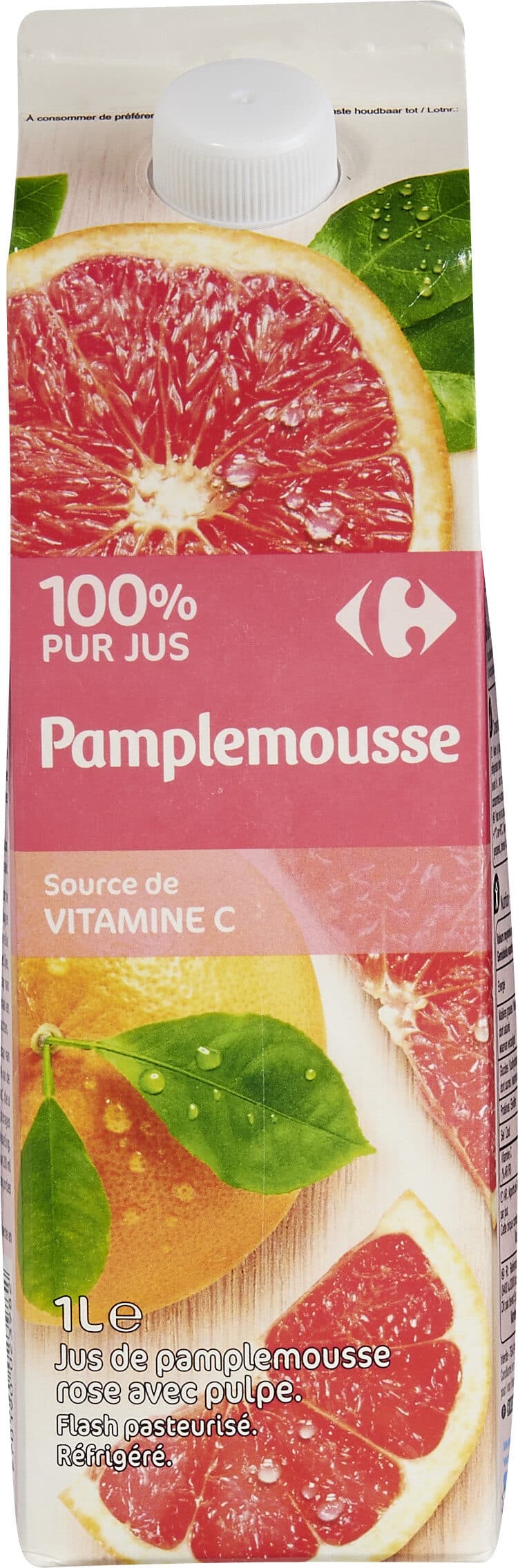 Carrefour Pamplemousse 100% pur jus Jus de pamplemousse rose avec pulpe. Flash pasteurisé. Réfrigéré. packshot