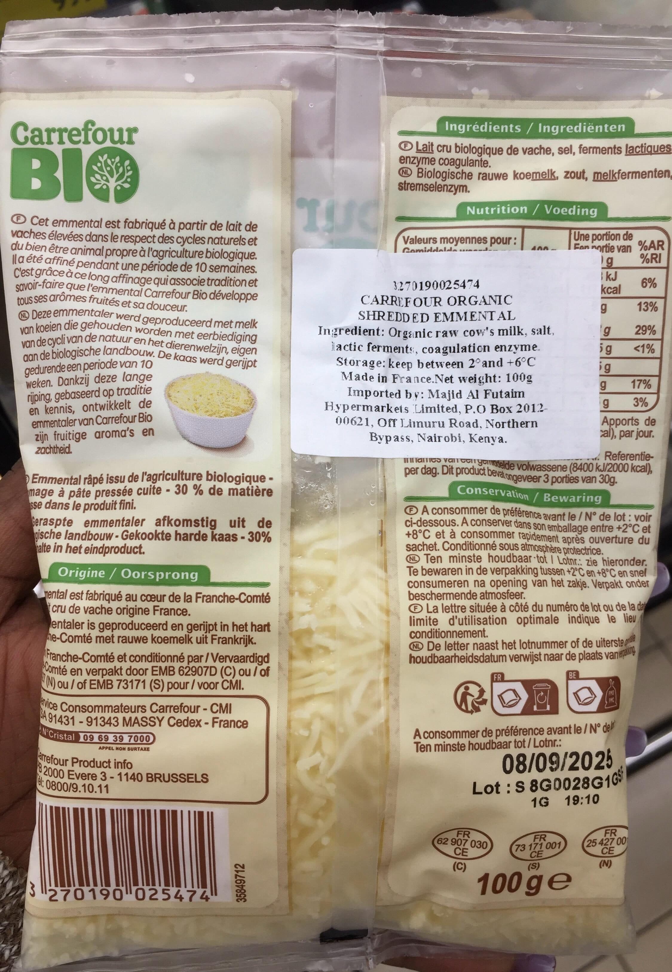 Carrefour BIOCarrefour Emmental français râpé au lait cru packshot