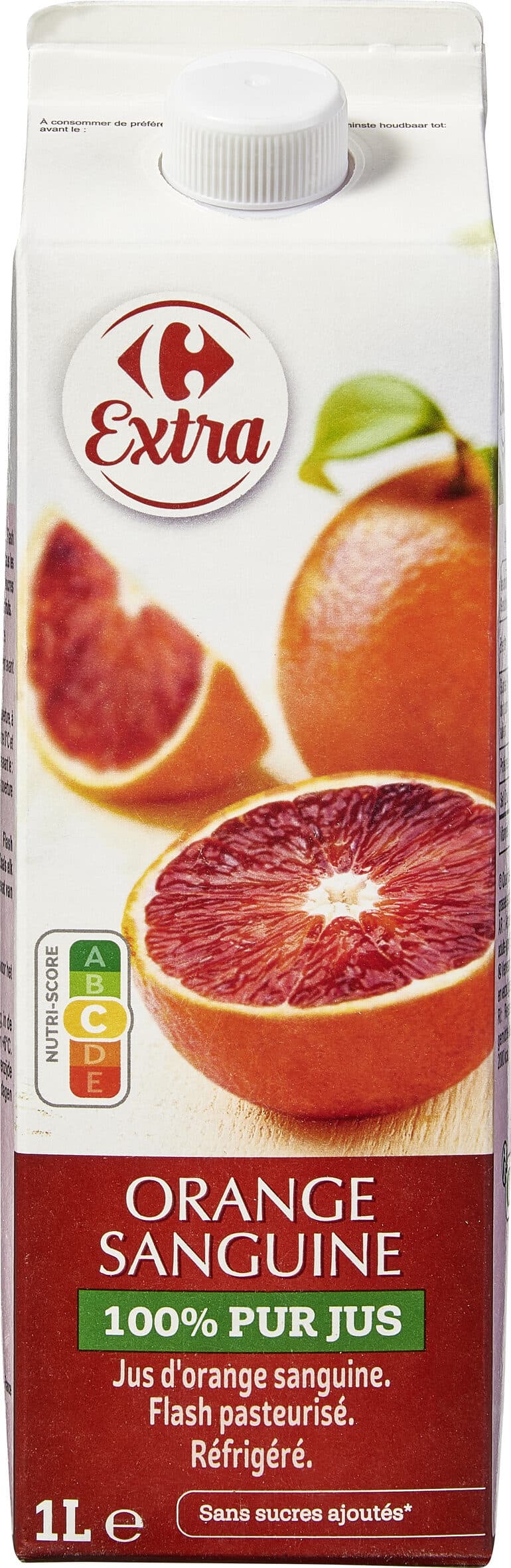 Carrefour Orange sanguine 100% pur jus Jus d'orange sanguine. Flash pasteurisé. Réfrigéré. packshot
