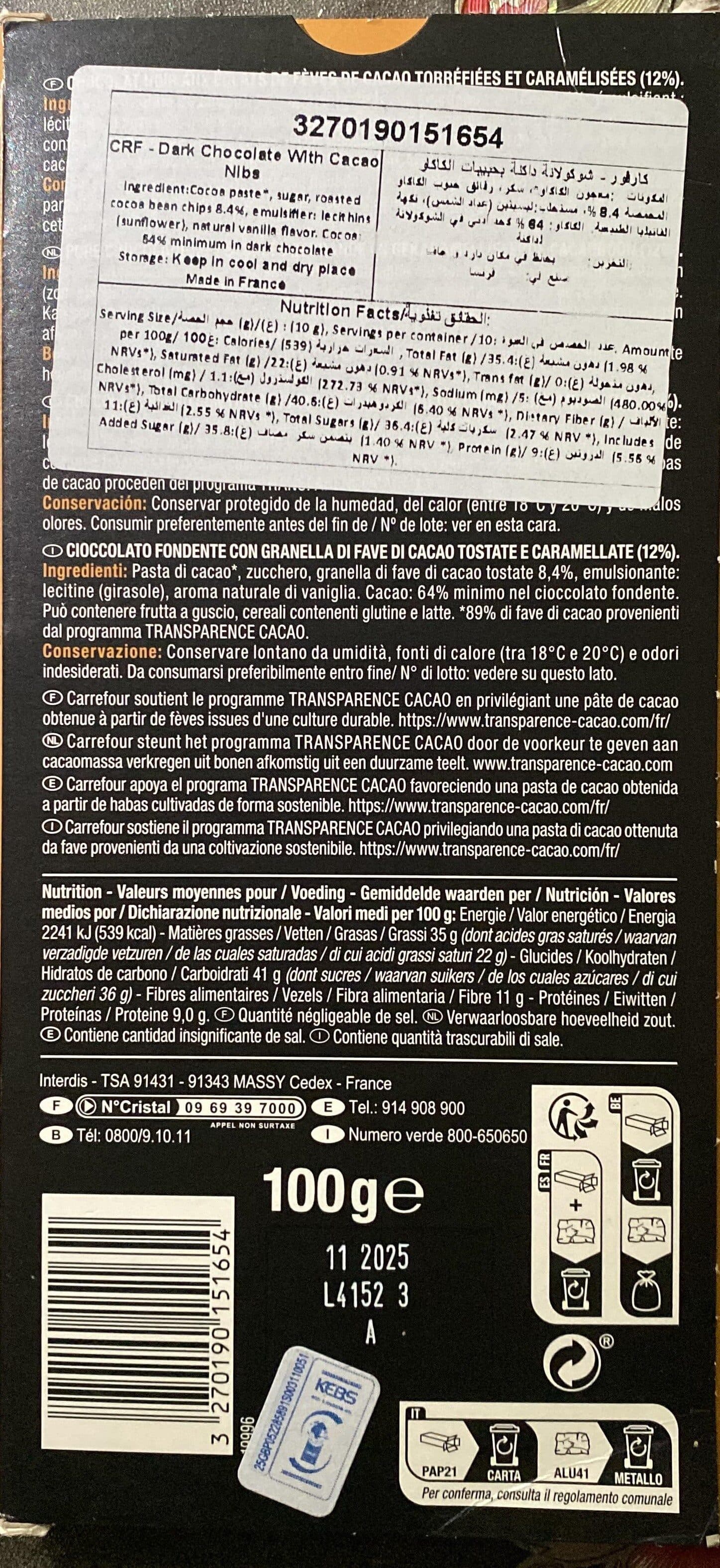 Carrefour Éclats de fèves de cacao noir packshot