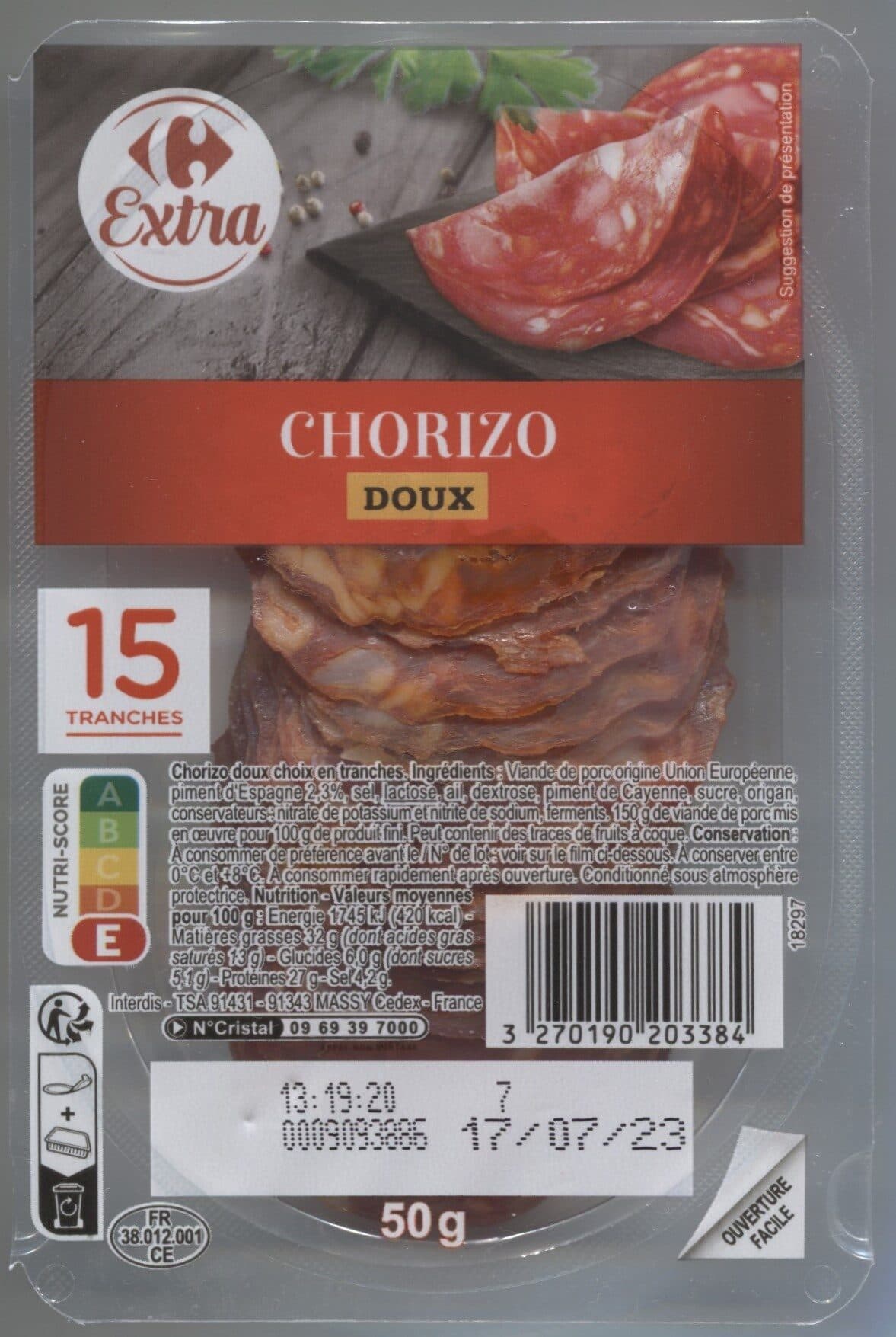 Carrefour Chorizo à l'espagnole Doux packshot