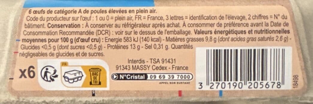 CMI (Carrefour Marchandises Internationales) 6 œufs frais de poules élevées en Plein air packshot