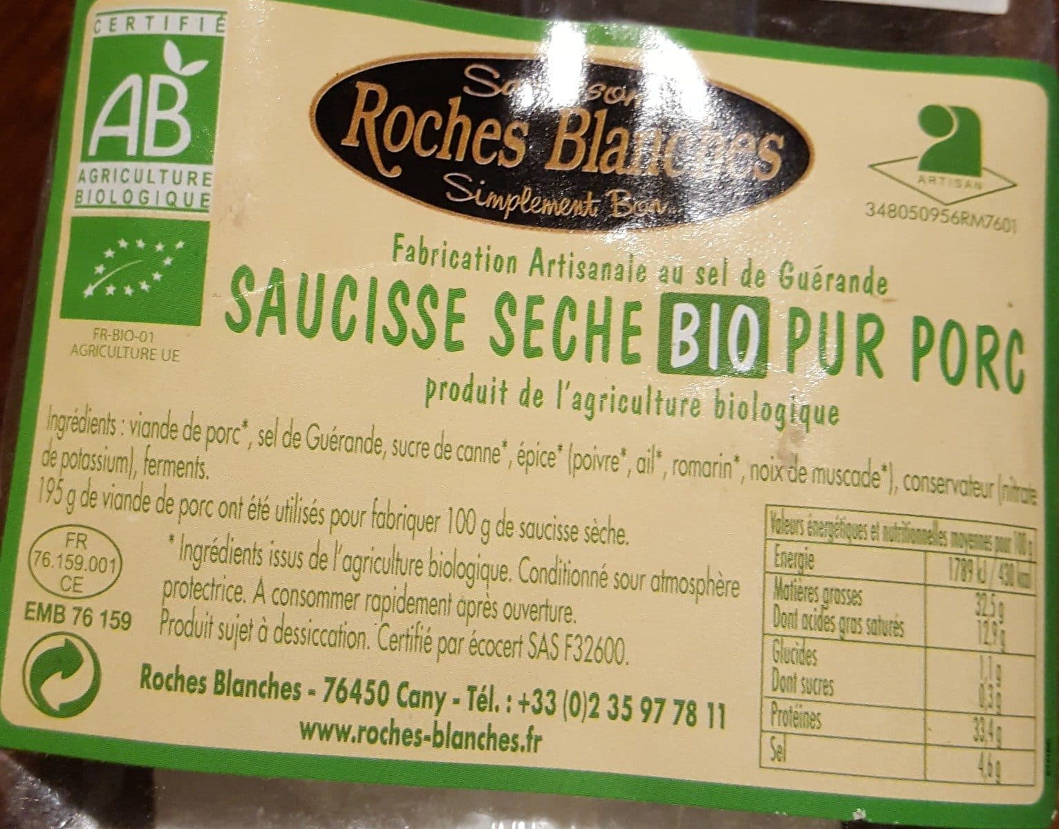 Roches blanches Saucisse sèche bio pur porc packshot