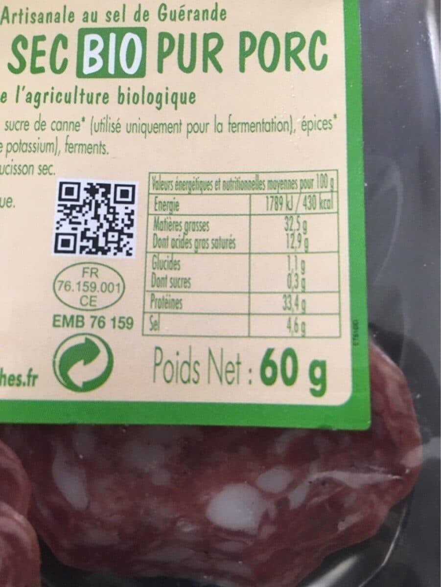 Roches blanches Saucisson Sec BIO pur porc packshot