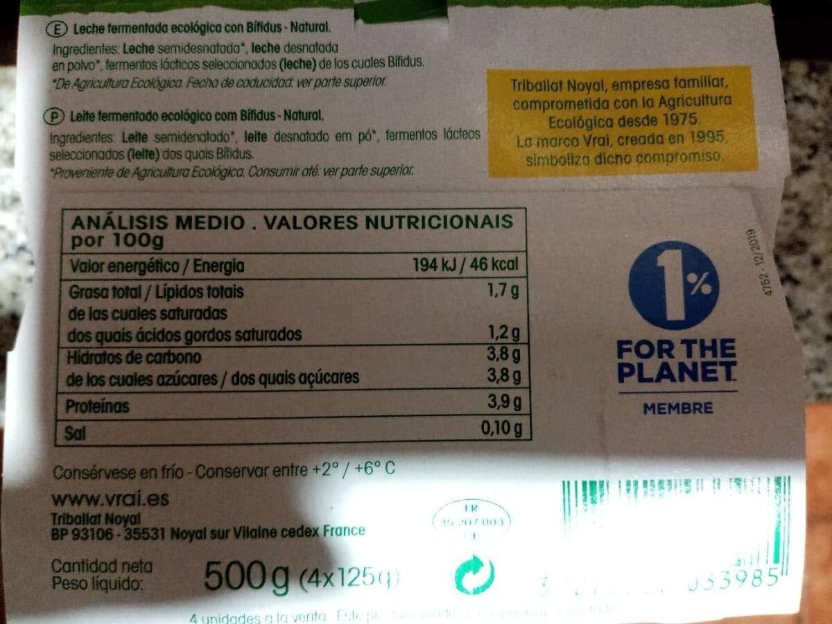 Vrai Vraí Yogur Bífidus Natural Ecológico packshot