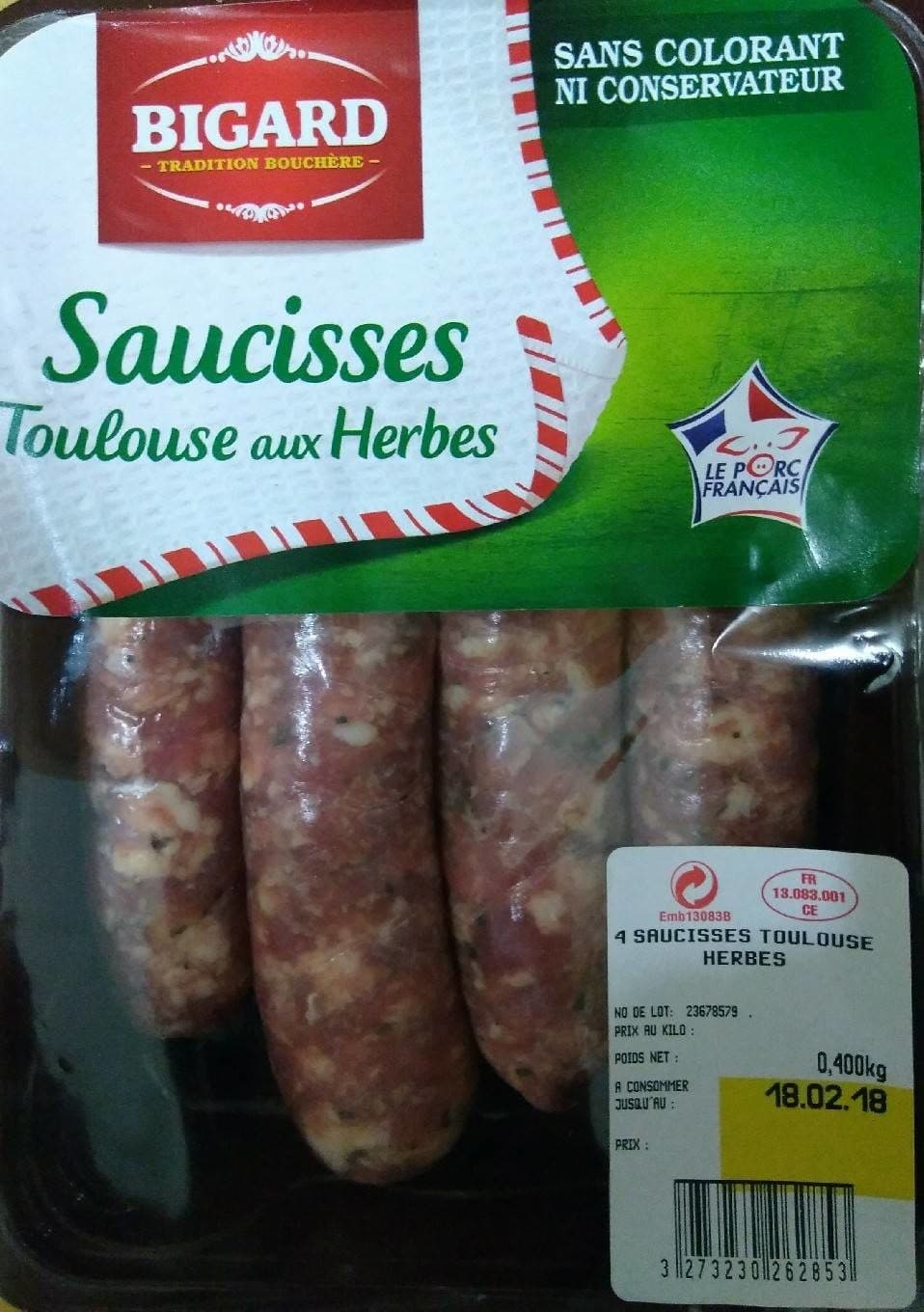 Bigard Saucisse de toulouse aux herbes VPF, BIGARD, 4 pièces packshot