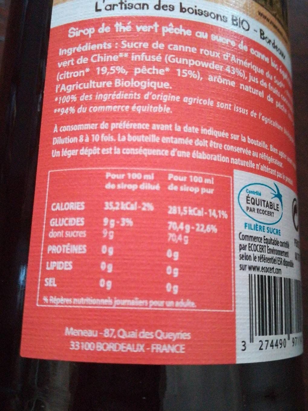 Maison meneau Sirop de Thé Vert Pêche au sucre de canne Bio Equitable packshot