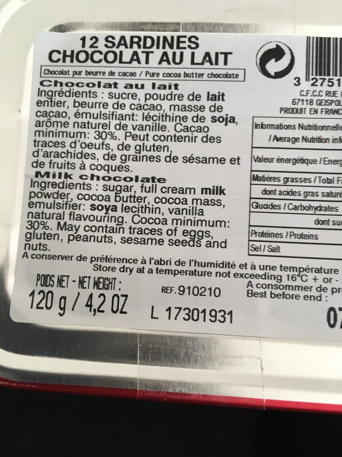 Open Food Facts 12 sardines chocolat au lait packshot