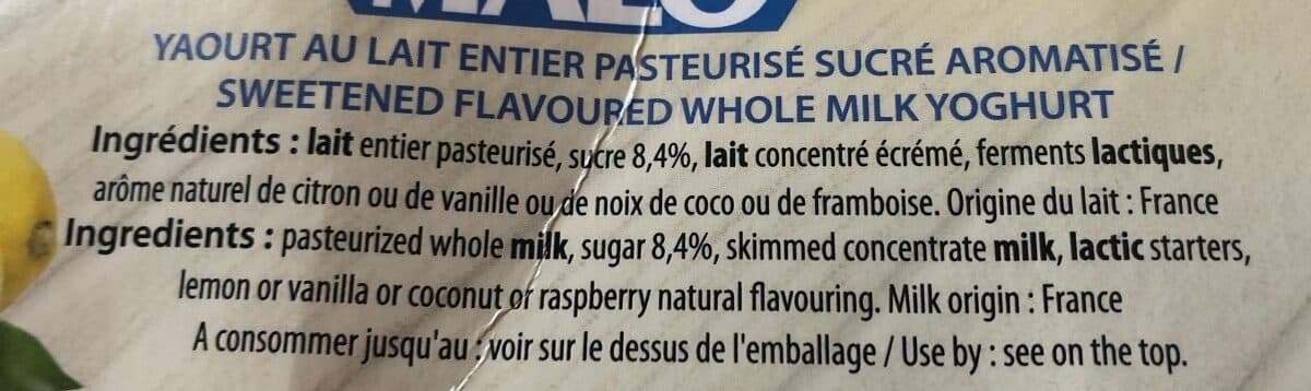 Malo Yaourt au lait entier (coco, vanille, framboise, citron) packshot