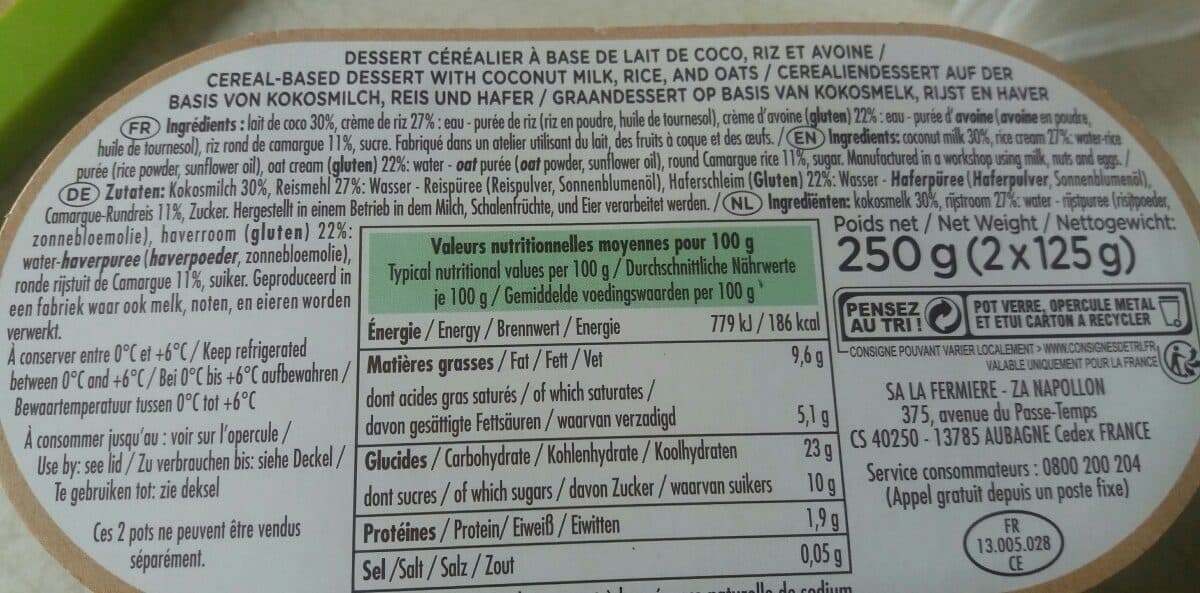 La fermière Douceur de riz lait de coco creme de riz & d'avoine packshot