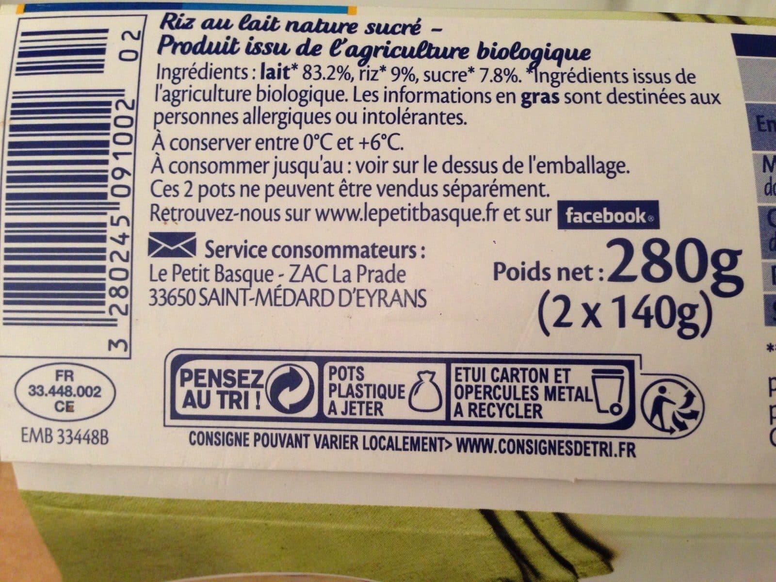Le Petit Basque Riz au lait nature bio packshot