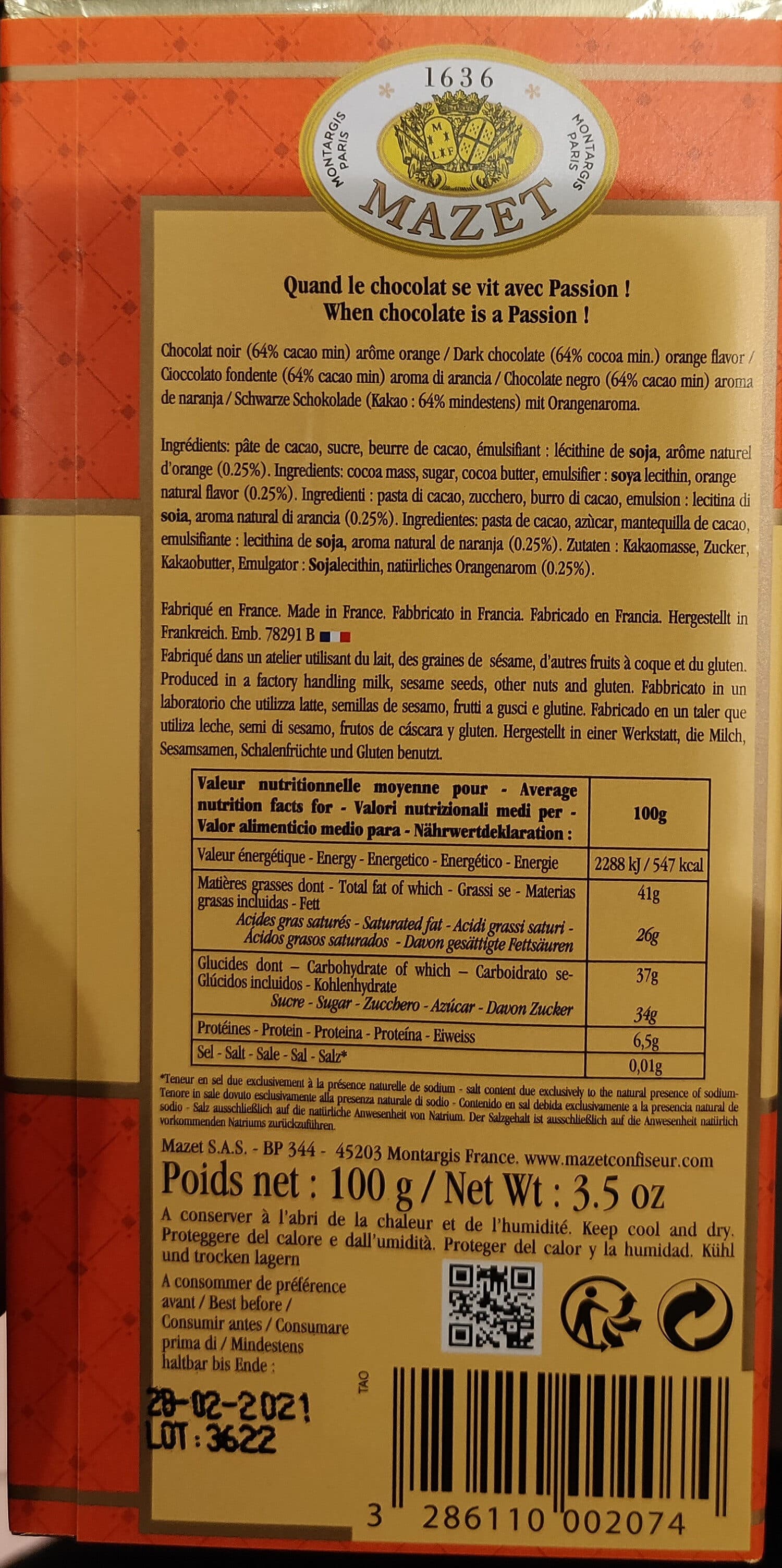 Mazet Chocolat noir arôme orange packshot