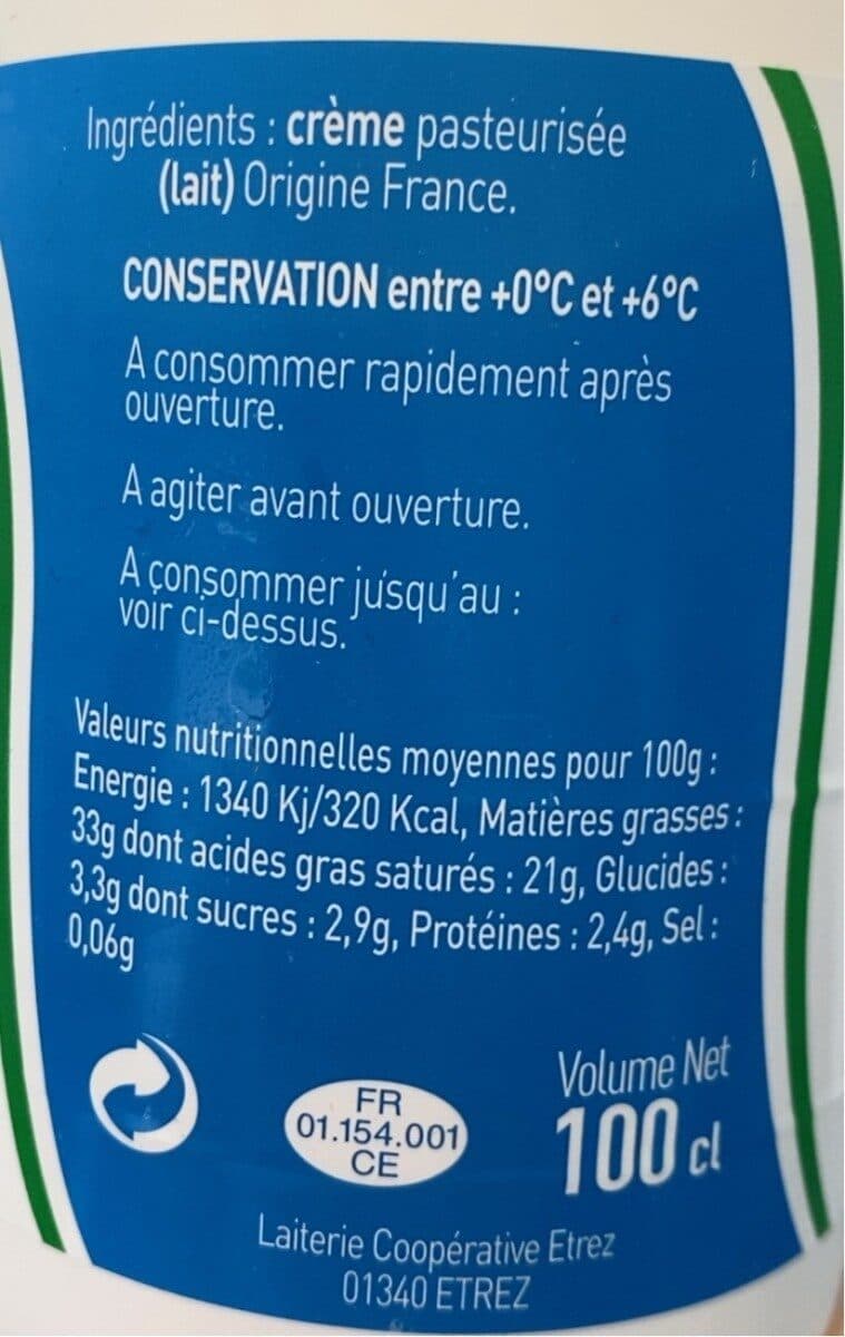 Etrez Creme fleurette pasteurisee ETREZ, 33%MG, bouteille de packshot