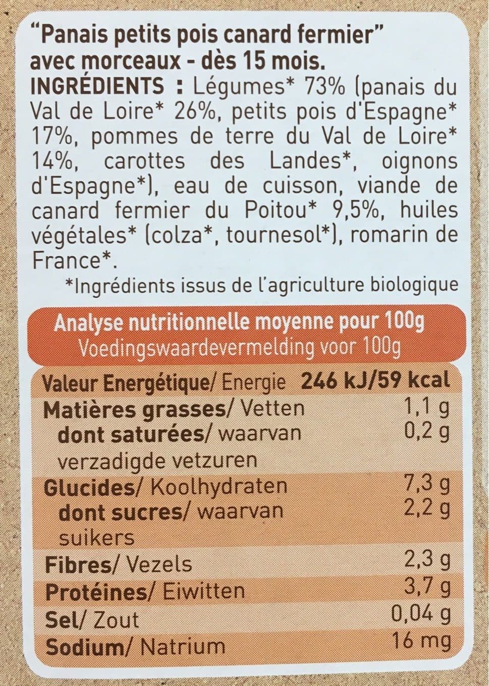 Babybio Assiette Panais Petits Pois Canard 260G packshot