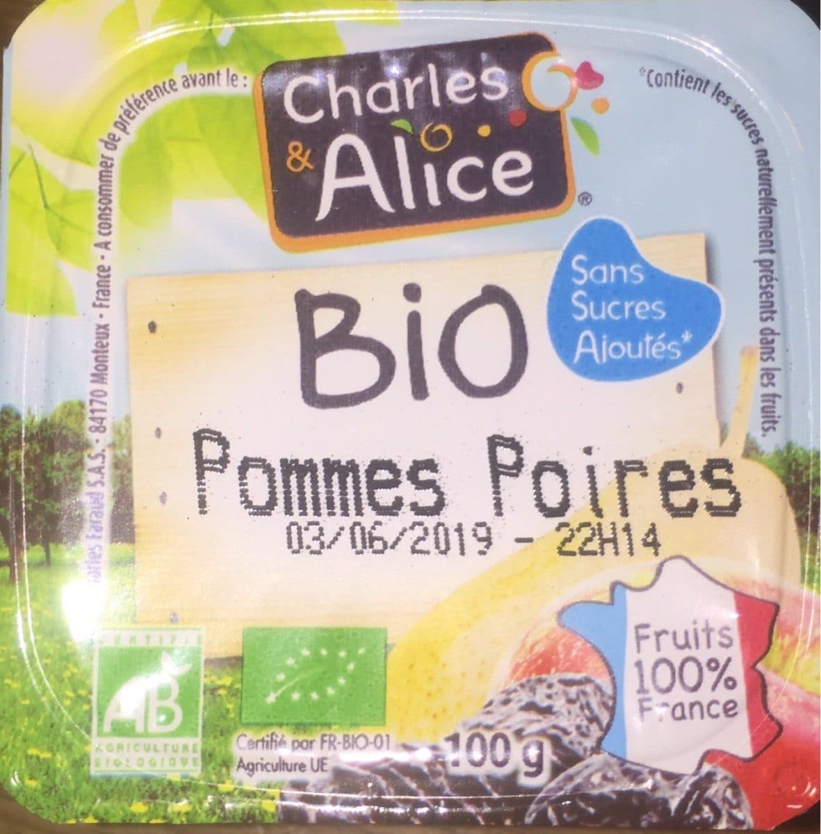 Charles & Alice Puree De Fruits Pommes Poires Bio - 100 % France packshot