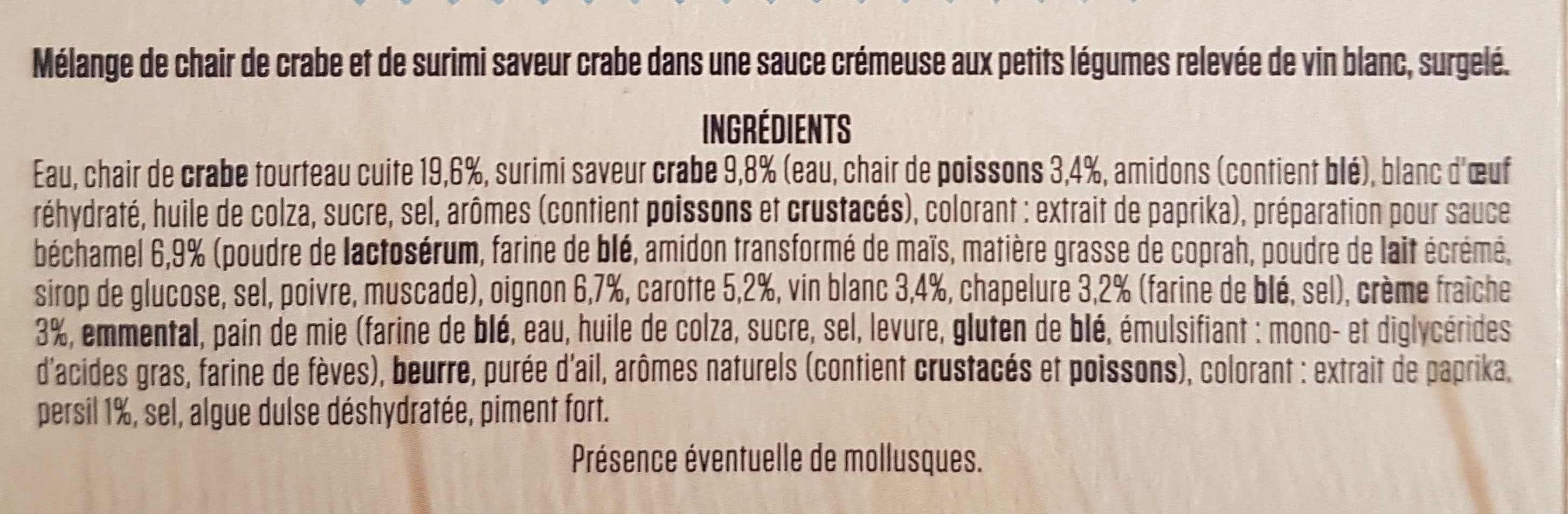 La compagnie artique Mélange de chair de crabe tourteau cuite et de surimi de chair de poissons saveur crabe dans une sauce crémeuse aux petits légumes relevée de vin blanc, surgelé. packshot