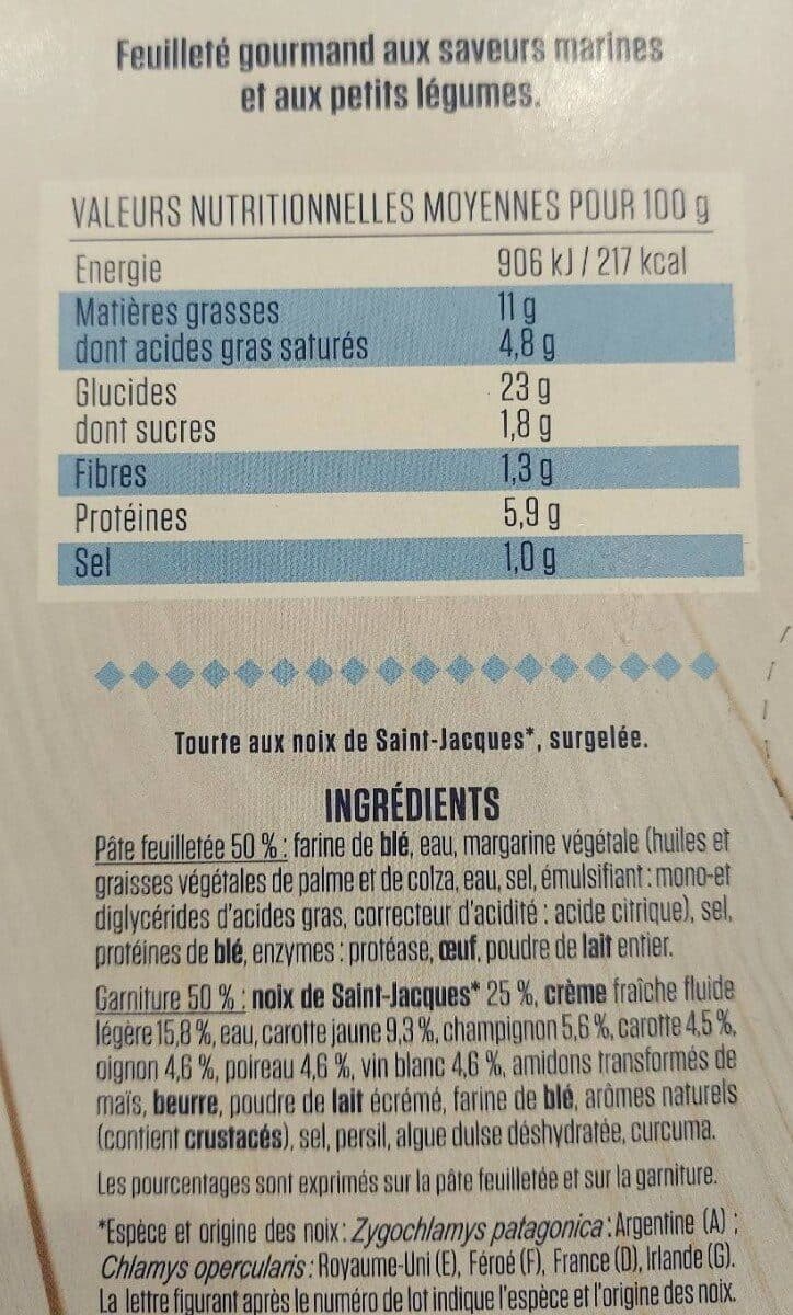 La compagnie artique Tourte composée d'une pâte feuilletée crue garnie d'une préparation à base de noix de St-Jacques*. packshot