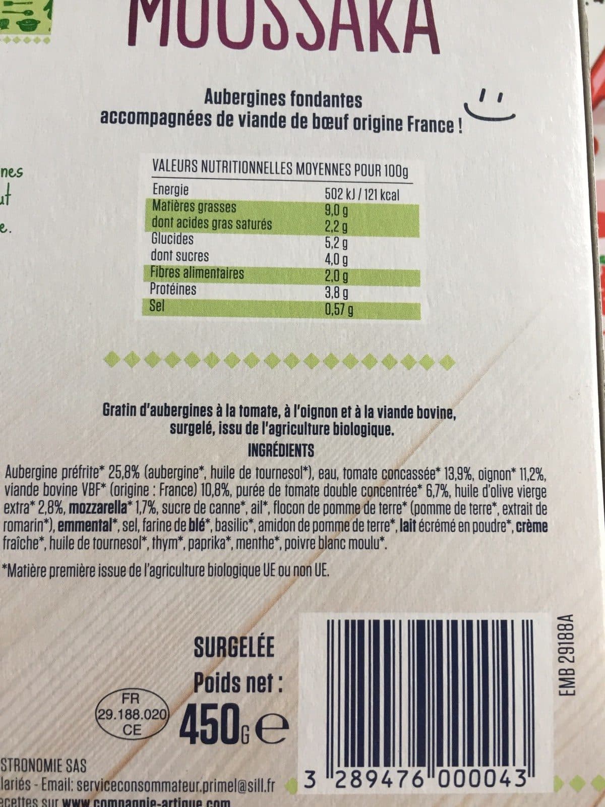 La compagnie artique Gratin d'aubergines, à la tomate, à l'oignon et à la viande bovine, surgelé, issu de l'agriculture biologique packshot