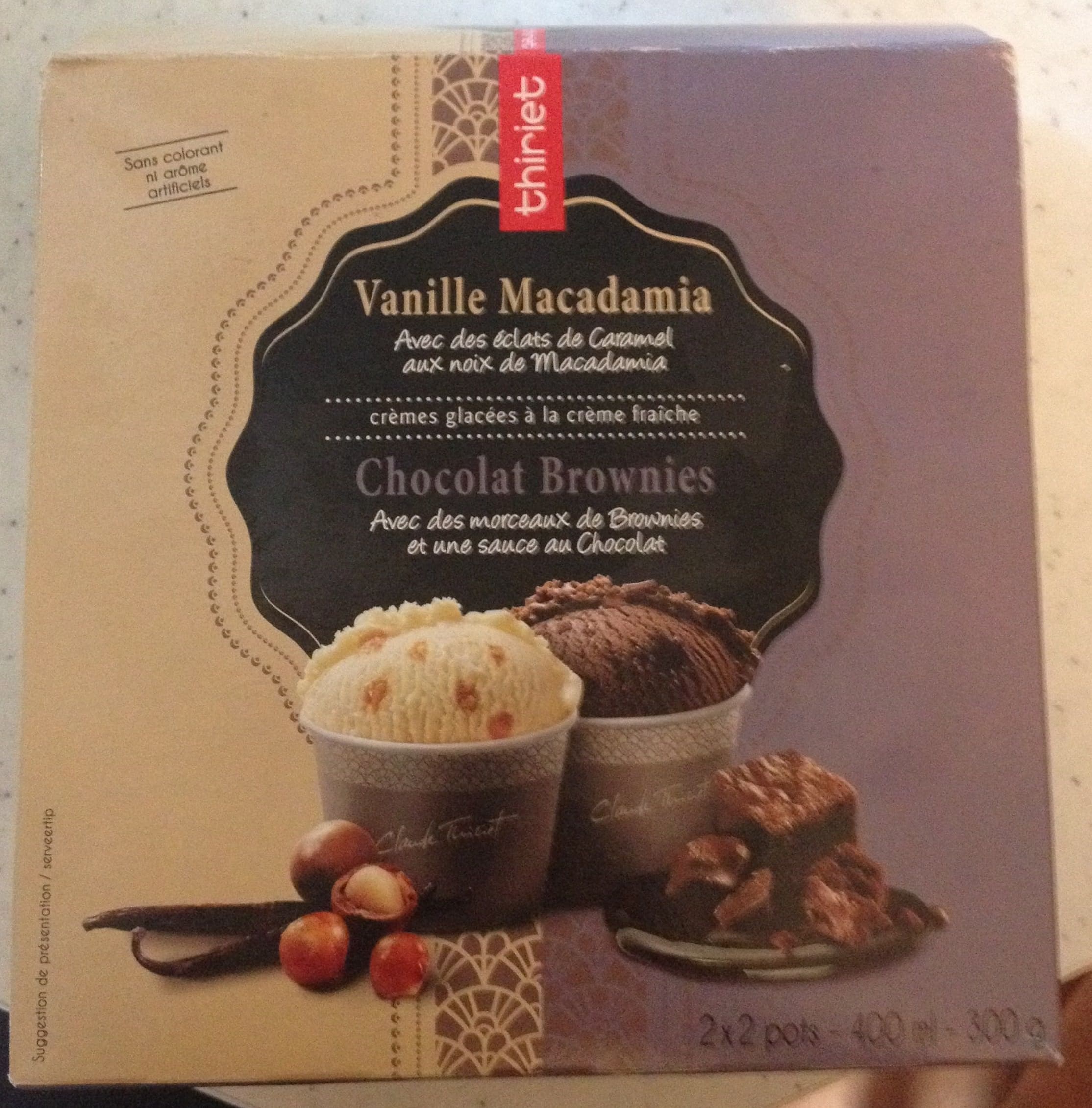 Thiriet Crèmes Glacées à la Crème Fraîche Vanille Macadamia et Chocolat Brownies packshot