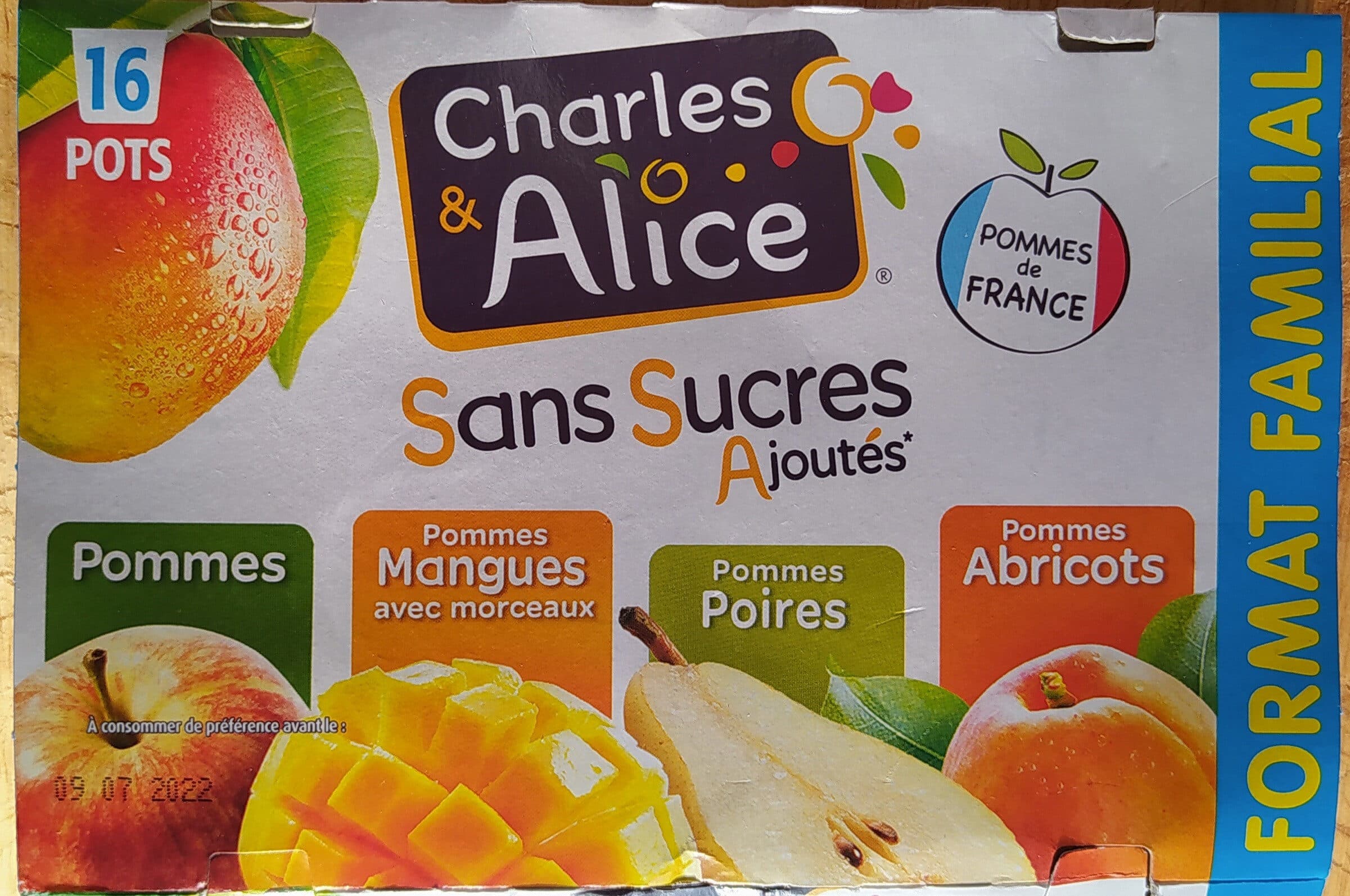 Charles & Alice Spécialités de fruits Panaché sans sucre ajouté Pommes/Pommes-Mange/Pommes-Poires/Pommes-Abricots 16 x 100 g packshot