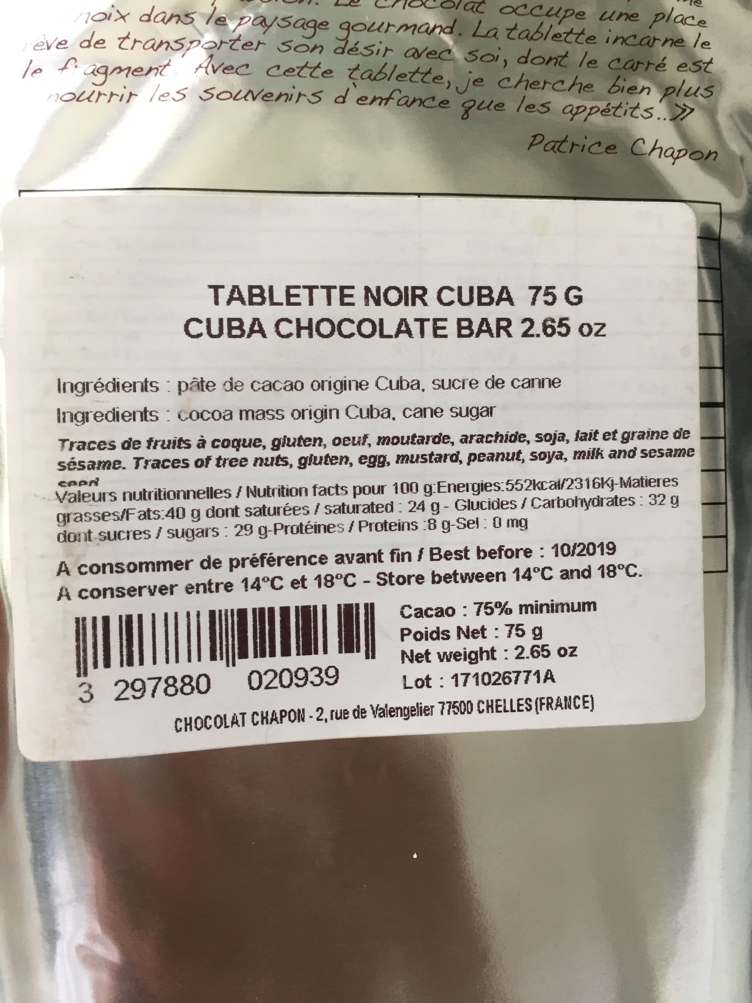 Chapon Chocolatier Tablette Noir Cuba packshot