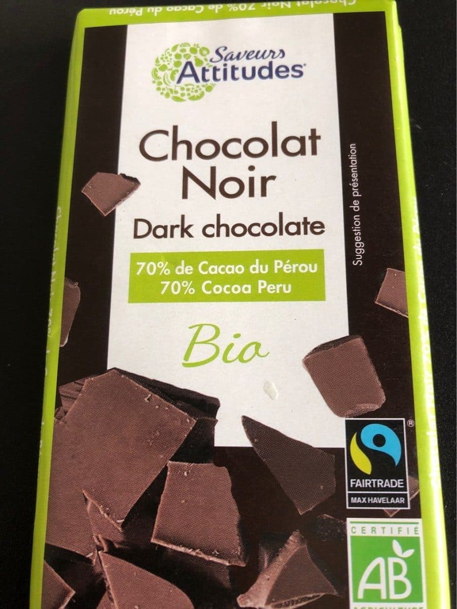 Saveurs attitudes Chocolat noir bio 70% cacao du Pérou packshot