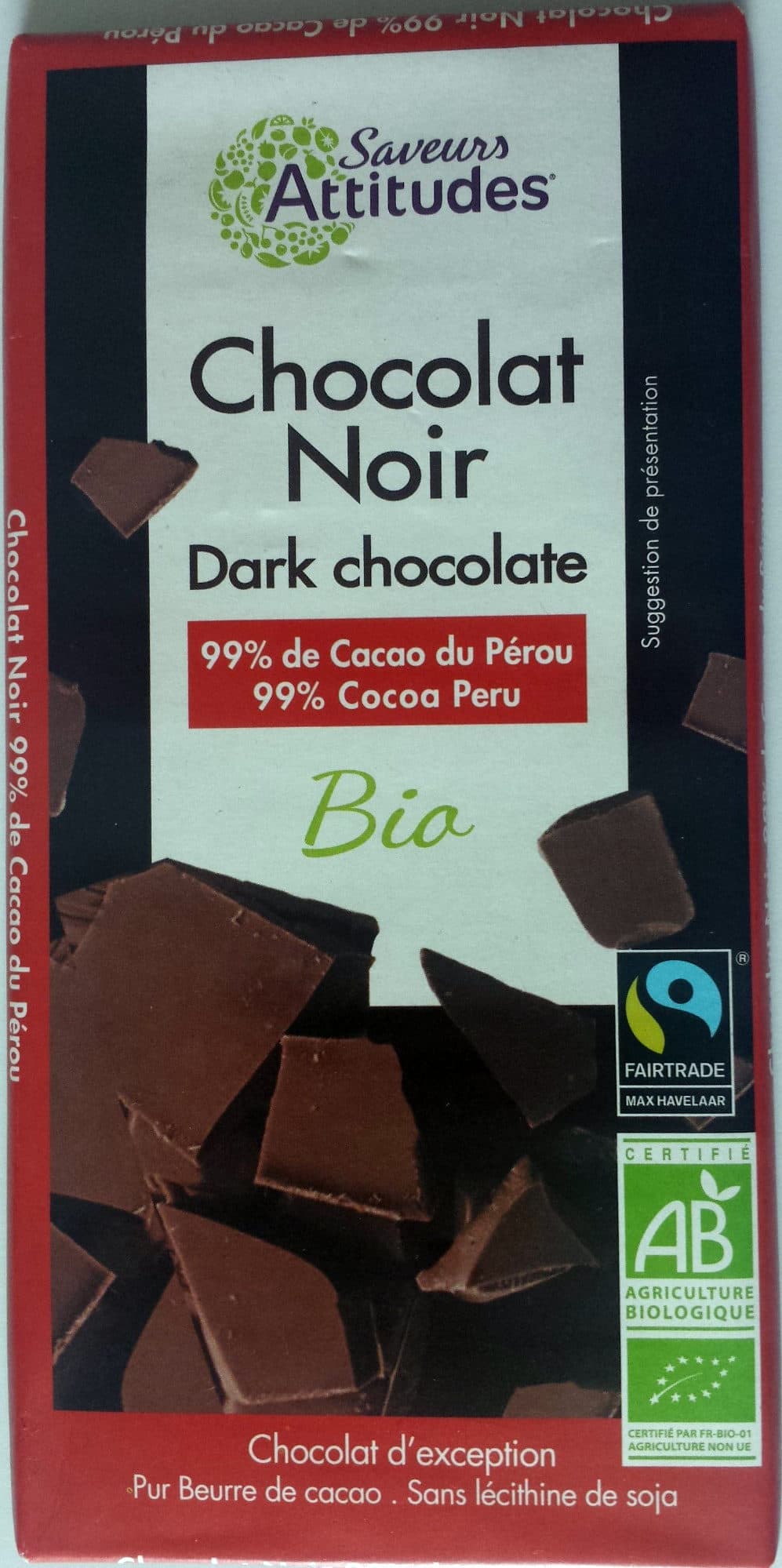 Naturgie Chocolat noir 99% de cacao du Pérou Bio packshot