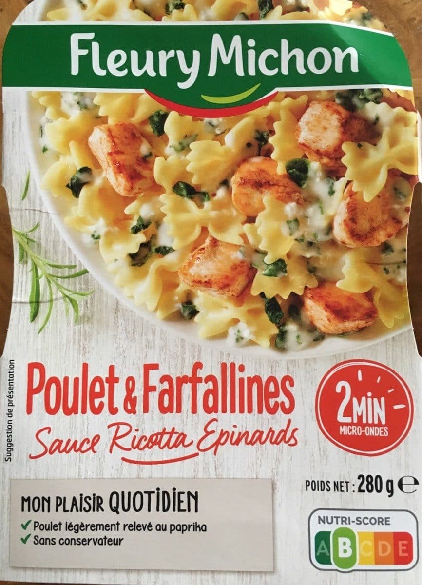 Fleury Michon Poulet & pâtes farfallines sauce ricotta épinards packshot