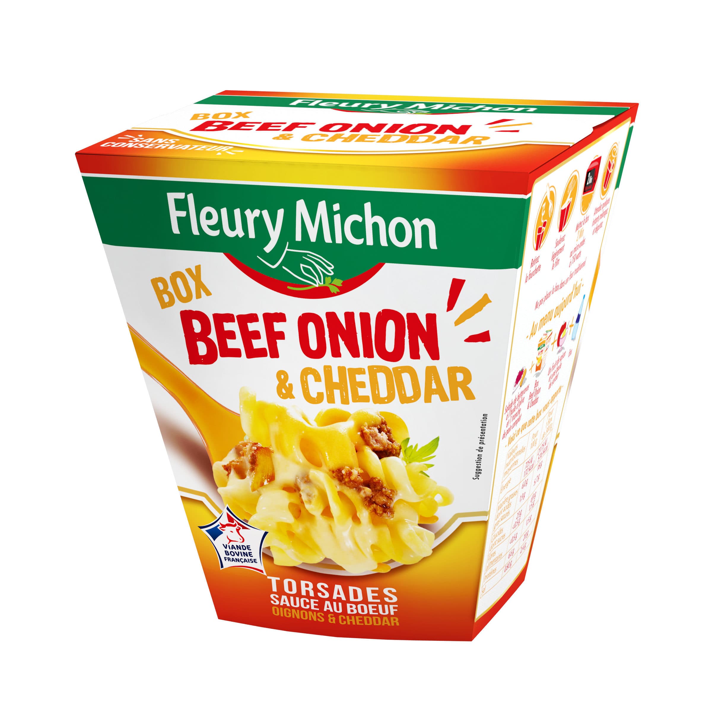 Fleury Michon BOX BEEF ONION & CHEDDAR (torsades sauce au boeuf oignons & cheddar) packshot