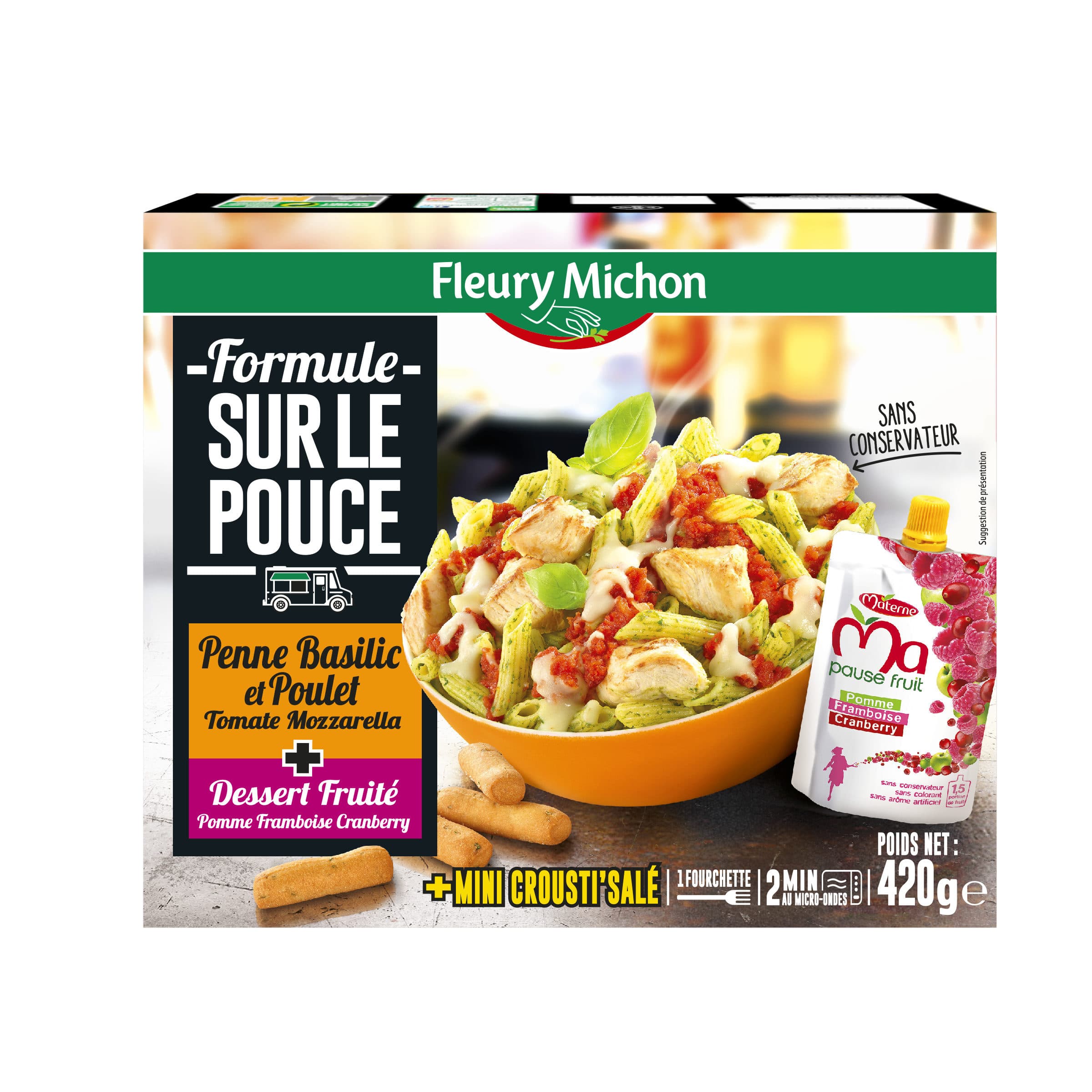 Fleury Michon Formule Sur Le Pouce - Penne basilic et poulet tomate mozzarella + pause fruits + biscuit salé packshot