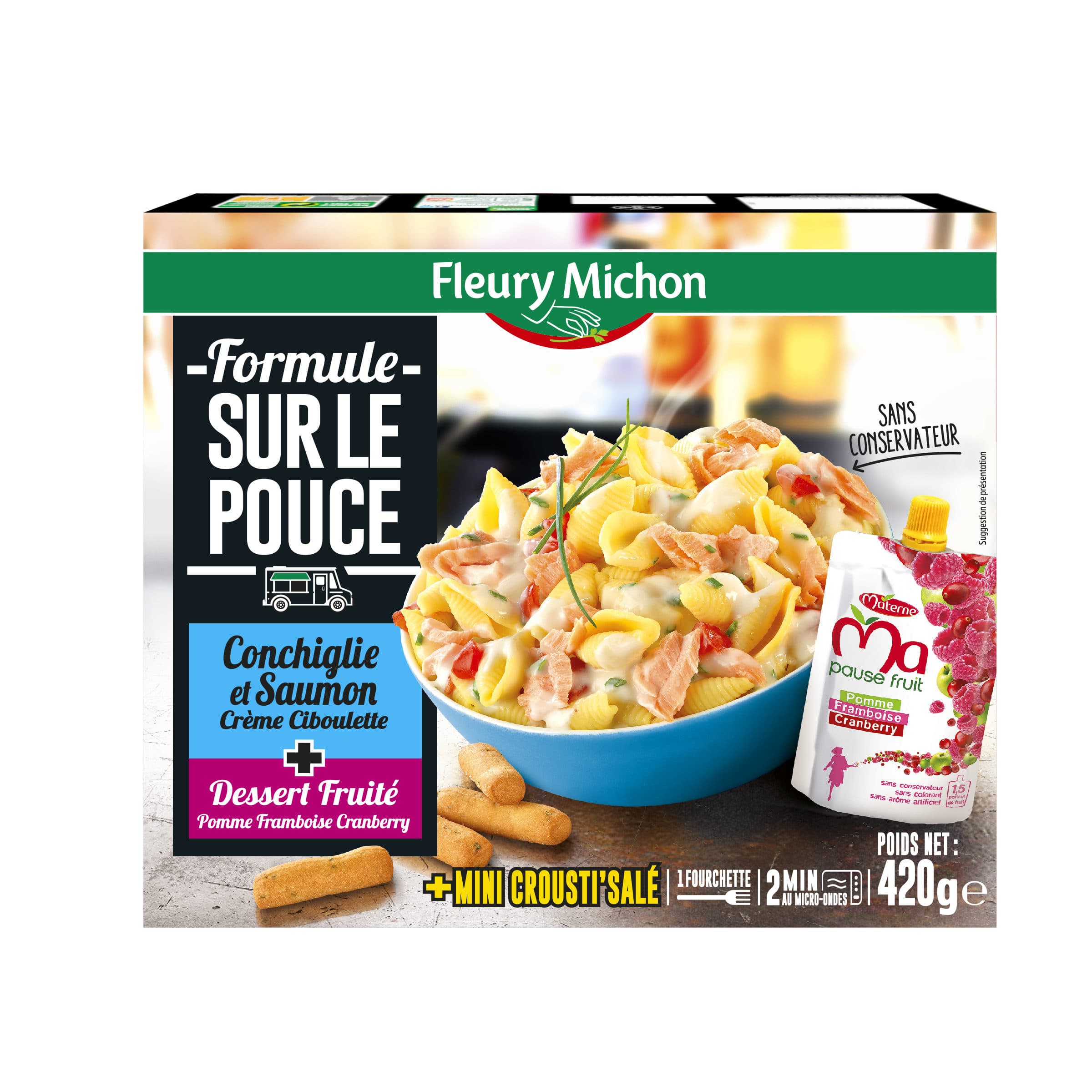 Fleury Michon Formule Sur Le Pouce - pâtes conchiglie et saumon crème ciboulette + pause fruits + biscuit salé packshot