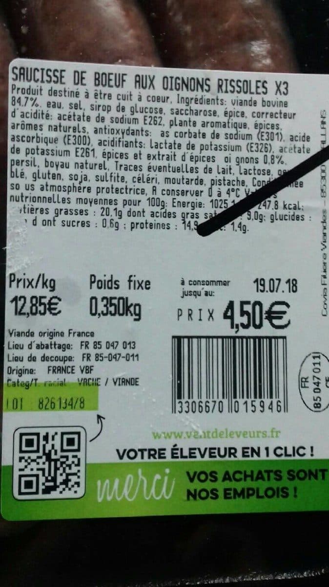 Open Food Facts Saucisses de boeuf aux oignons rissolés packshot