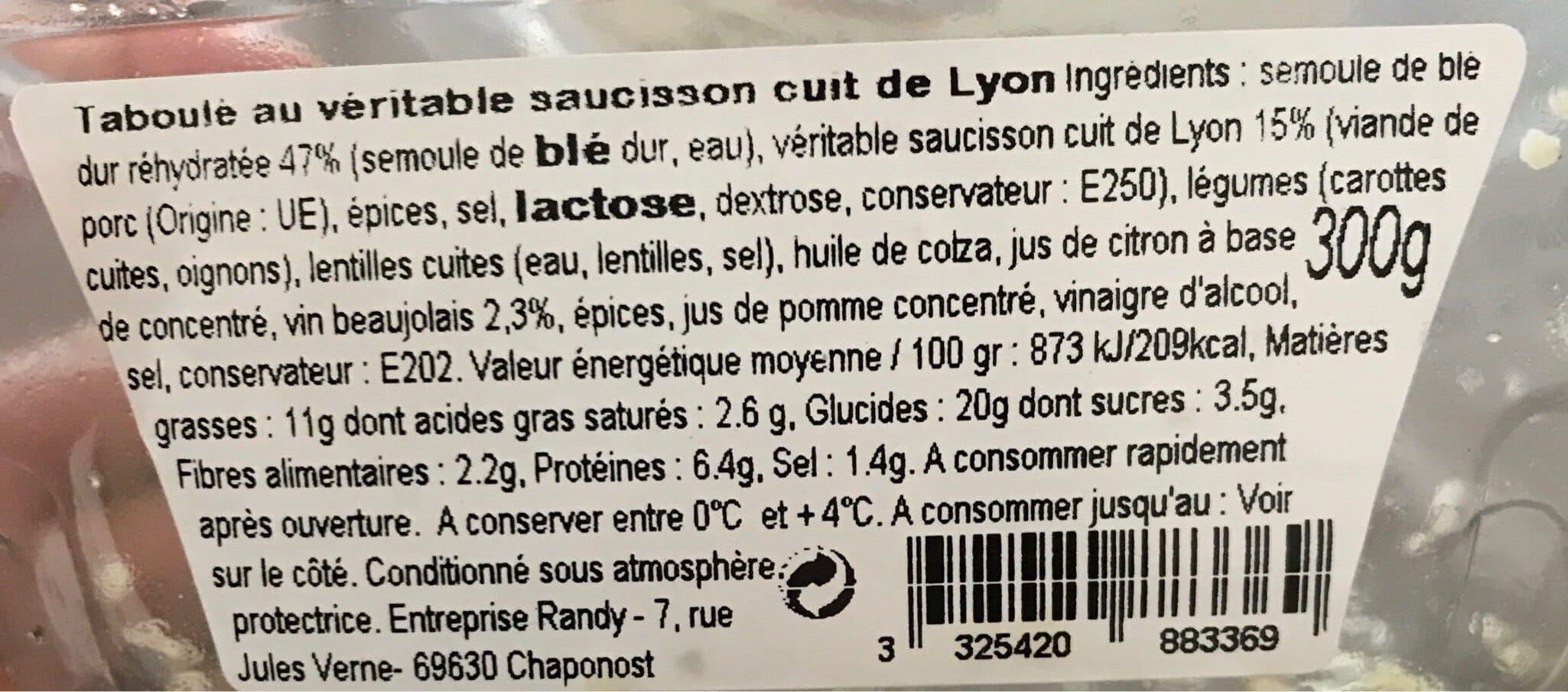 Open Food Facts Taboulé Lyonnais au véritable saucisson cuit de Lyon packshot