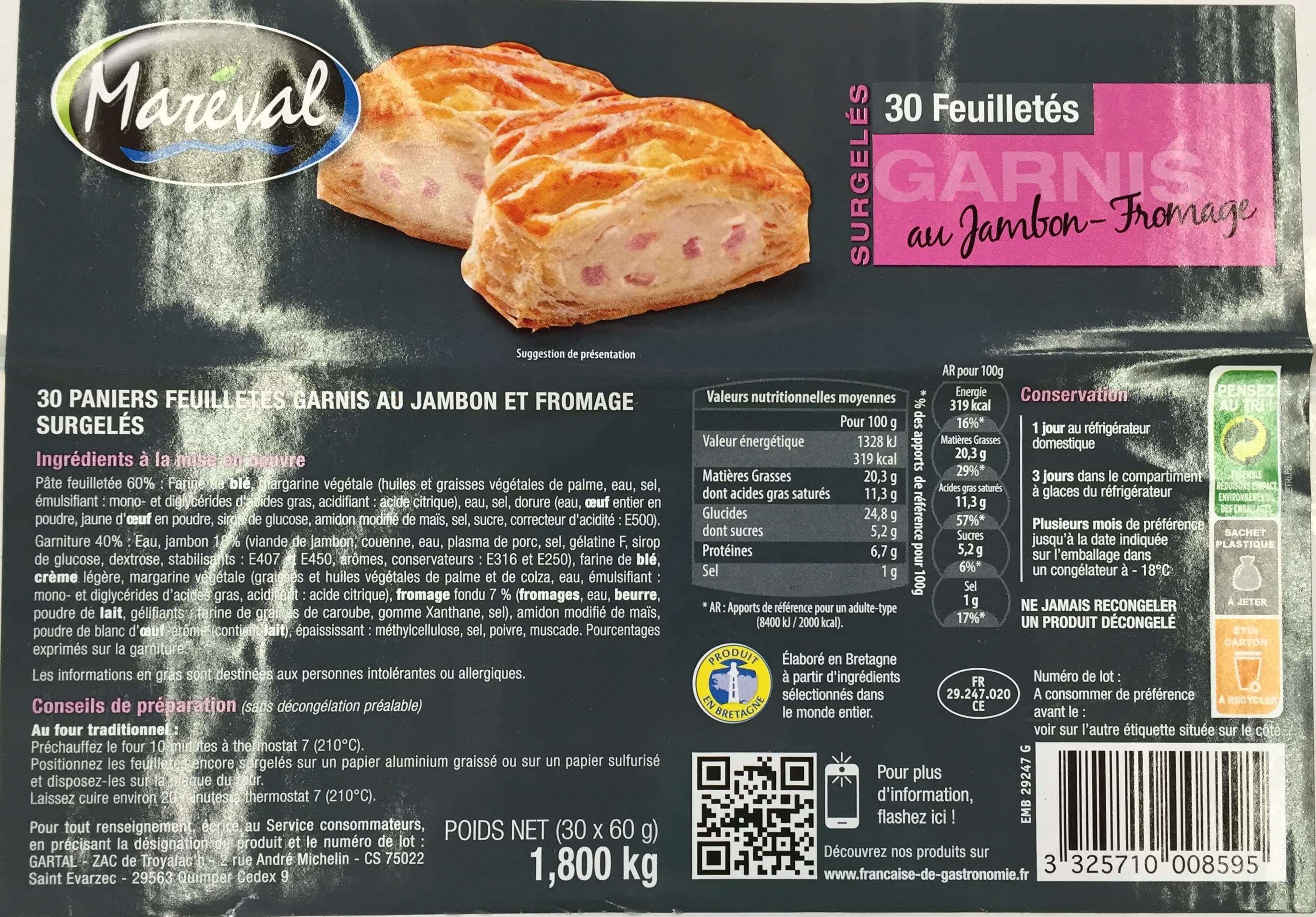 Maréval 30 Feuilletés garnis au Jambon-Fromage, Surgelés packshot