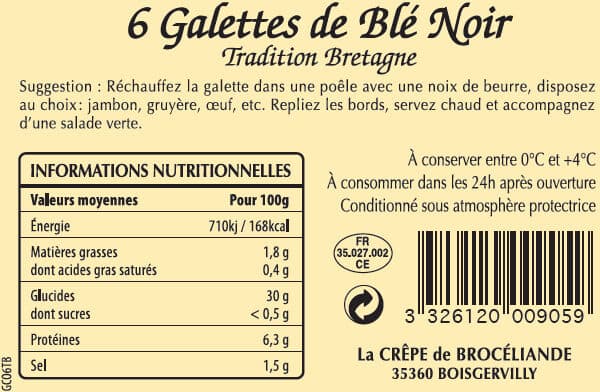 La CRÊPE de BROCÉLIANDE 6 Galettes de Blé Noir Tradition Bretagne en barquette packshot