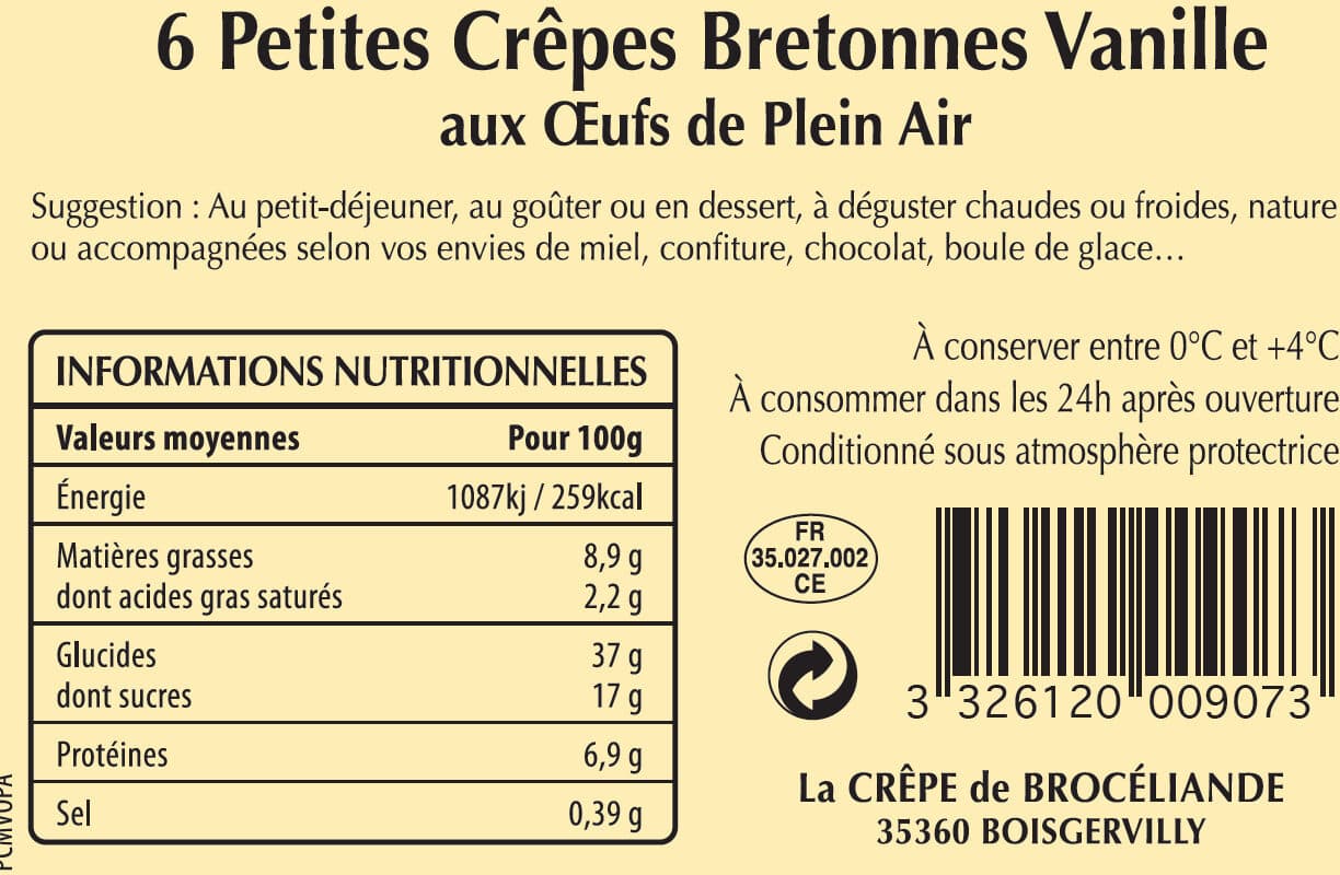 La CRÊPE de BROCÉLIANDE 6 Petites Crêpes Bretonnes Vanille aux Oeufs de Plein Air en sachet packshot