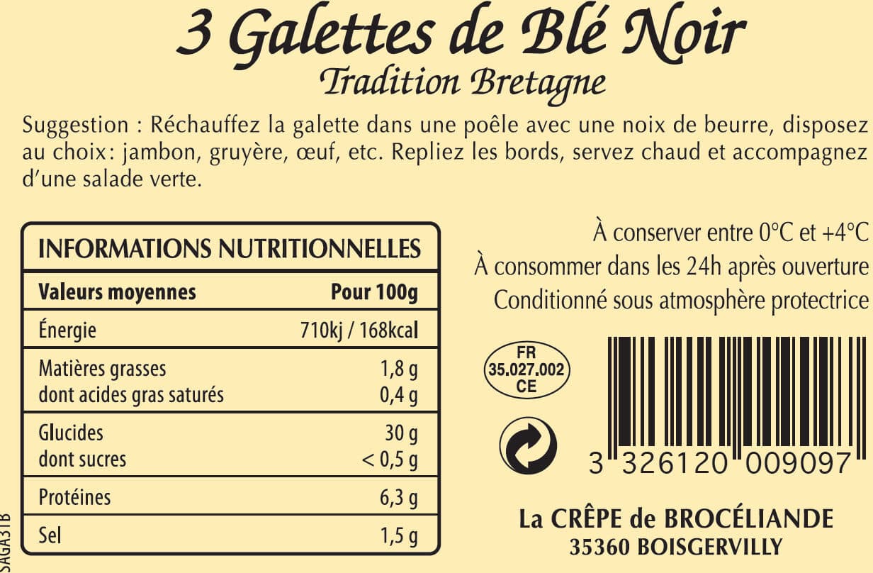 La CRÊPE de BROCÉLIANDE 3 Galettes de Blé Noir Tradition Bretagne en sachet packshot