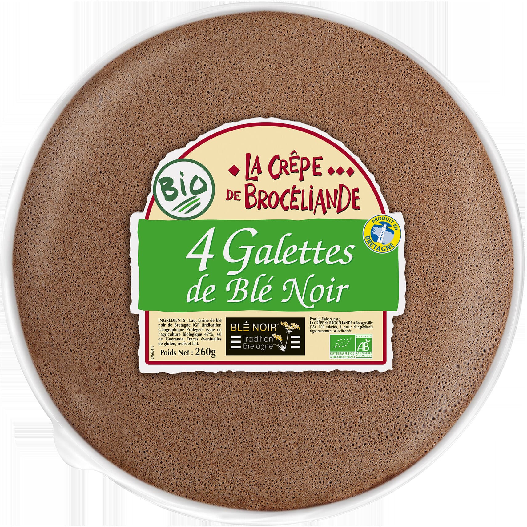 La CRÊPE de BROCÉLIANDE 4 Galettes de Blé Noir Biologiques Tradition Bretagne en sachet packshot